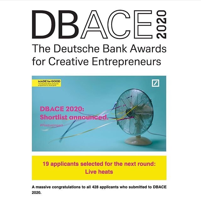 Super proud and excited to announce that&nbsp;Enayball&nbsp;has been shortlisted out of 428 applicants for the Deutsche Bank Award for Creative Entrepreneurs 2020! Bring on the pitches!

https://lnkd.in/duKM64k