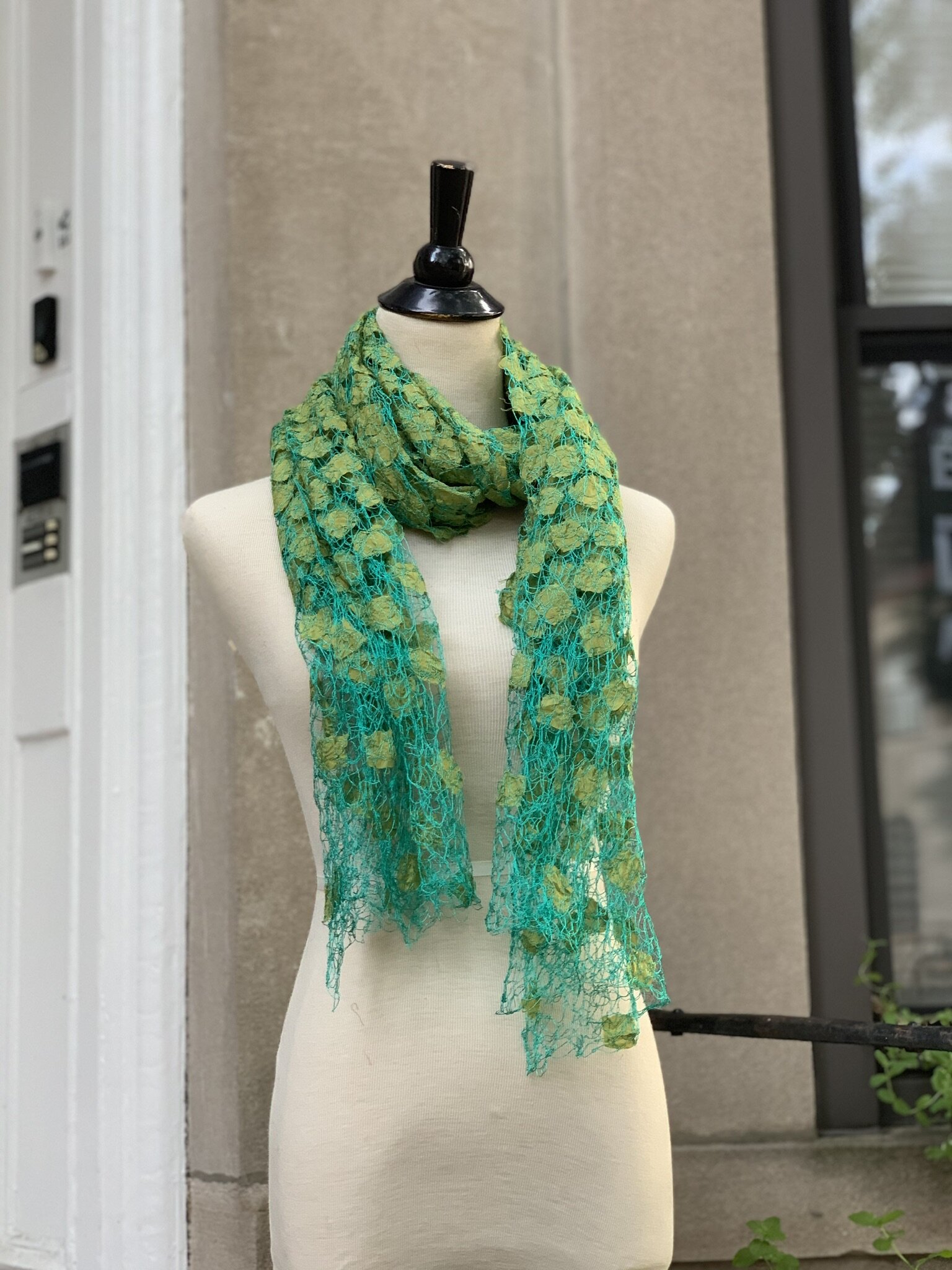 Green Peacock Scarf - Small Squares