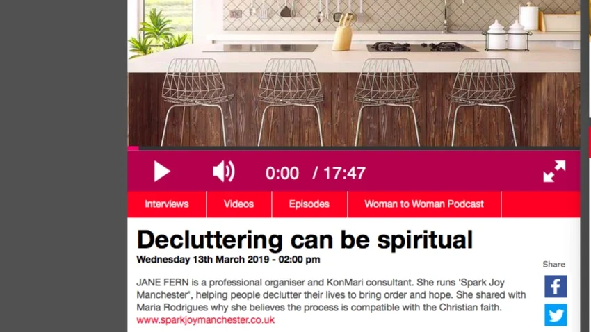 Jane speaking on Premier Christian Radio. Listen here https://www.premierchristianradio.com/Shows/Weekday/Woman-to-Woman/Interviews/Decluttering-can-be-spiritual
