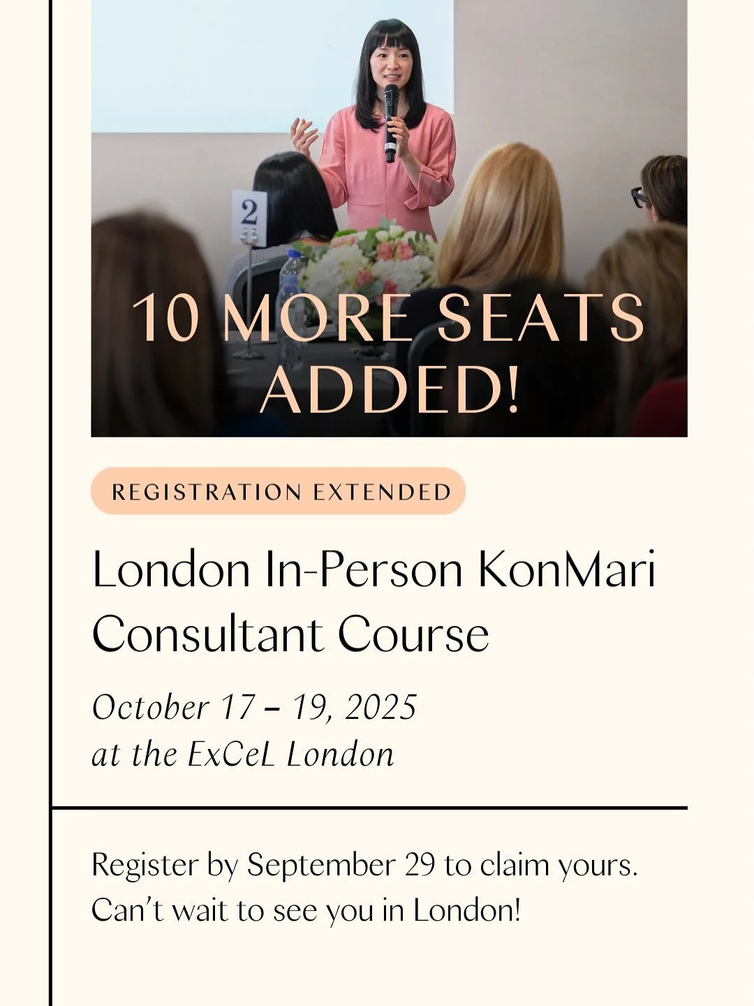 10 more places have been added and the enrolment date extended until 29th September. Looking forward to meeting all the course participants. You can use my code Jane when you book for an extra discount. Hope to see you there @konmari.co #konmariambas