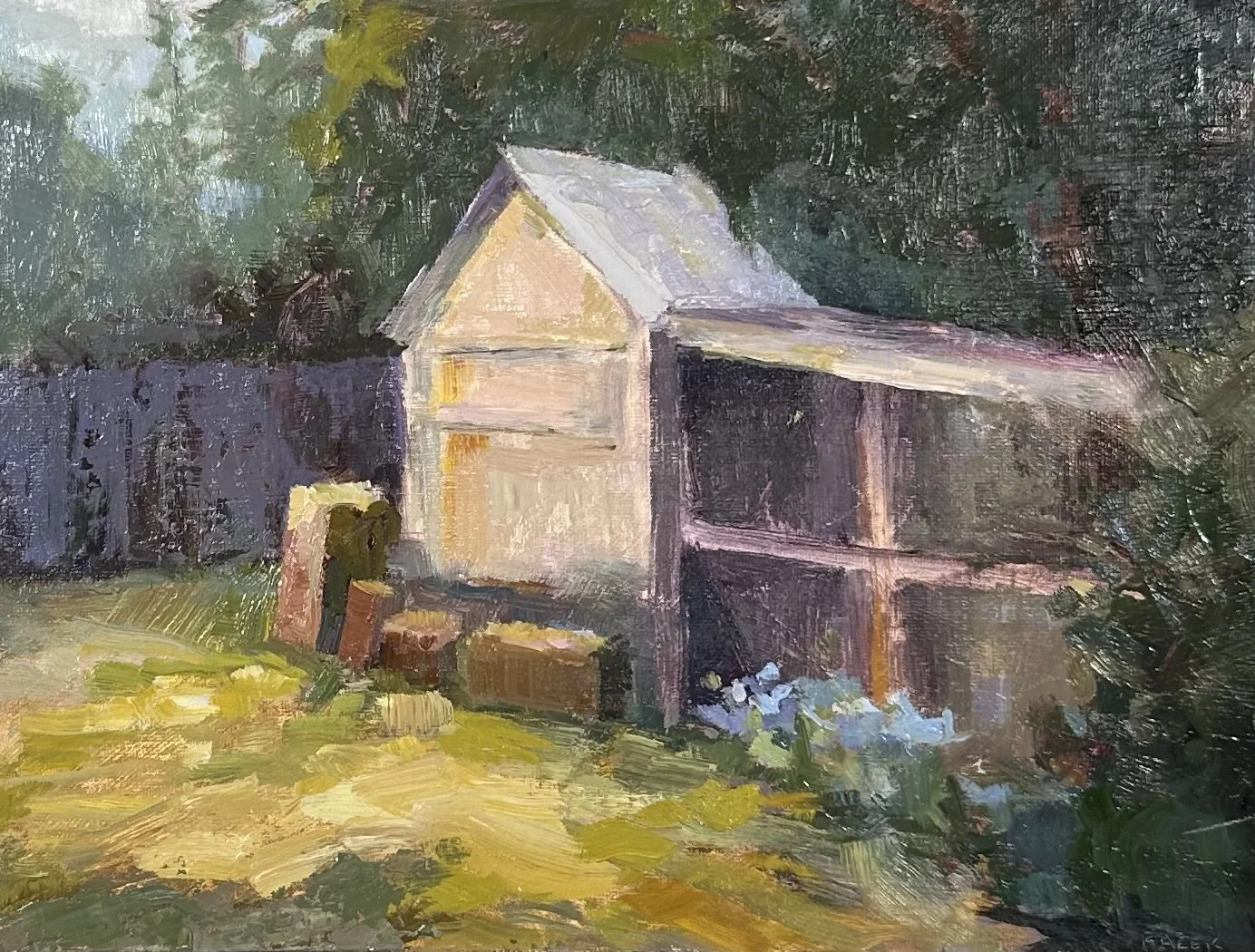 Coop with Bluebells, 9x12, $275.jpeg