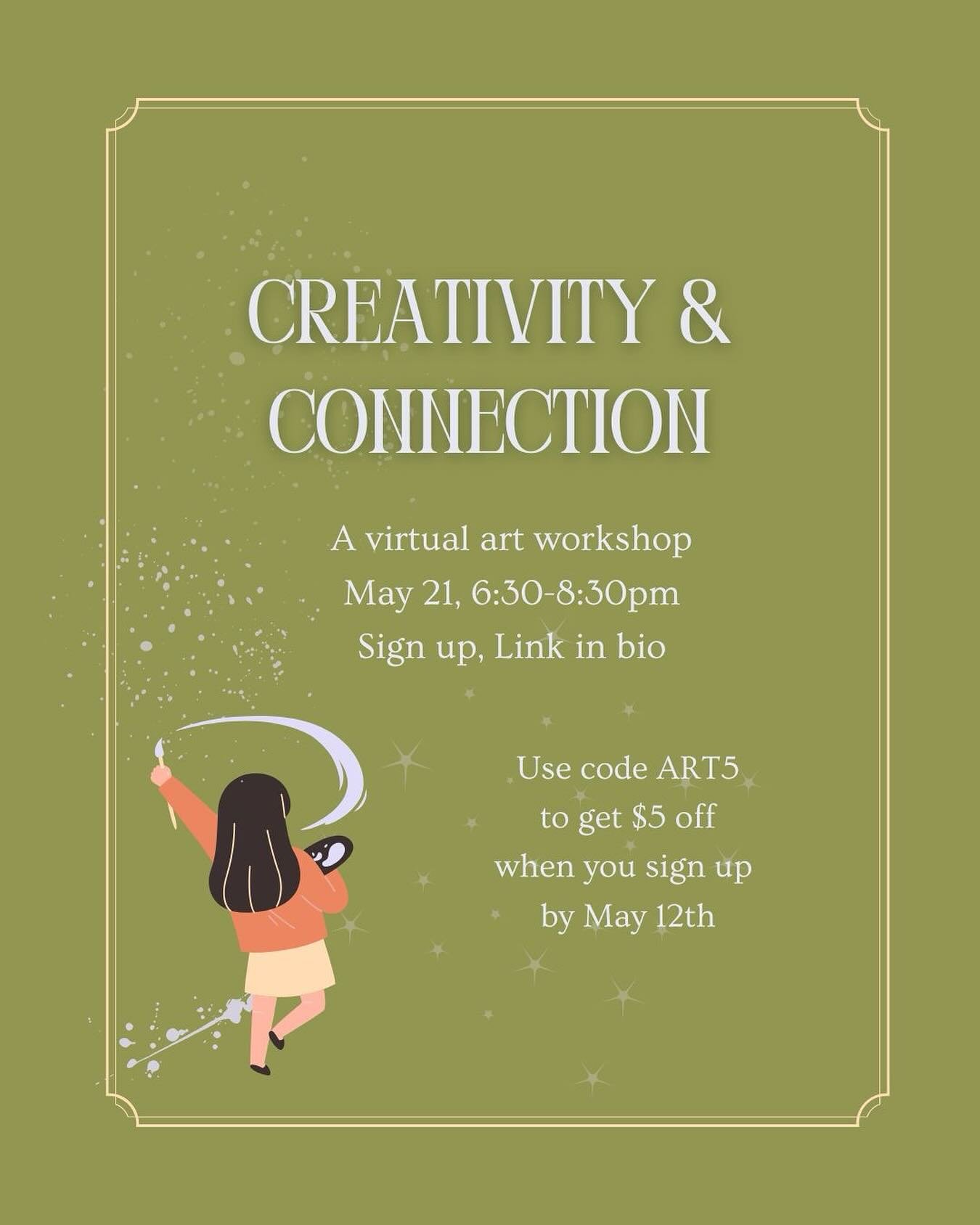 Hi there! I&rsquo;m excited to host another virtual creativity and connection workshop on May 21st.

This will likely be the last one I host before Baby Clair arrives this summer so I hope to see you there! Sign up @ the link in bio.