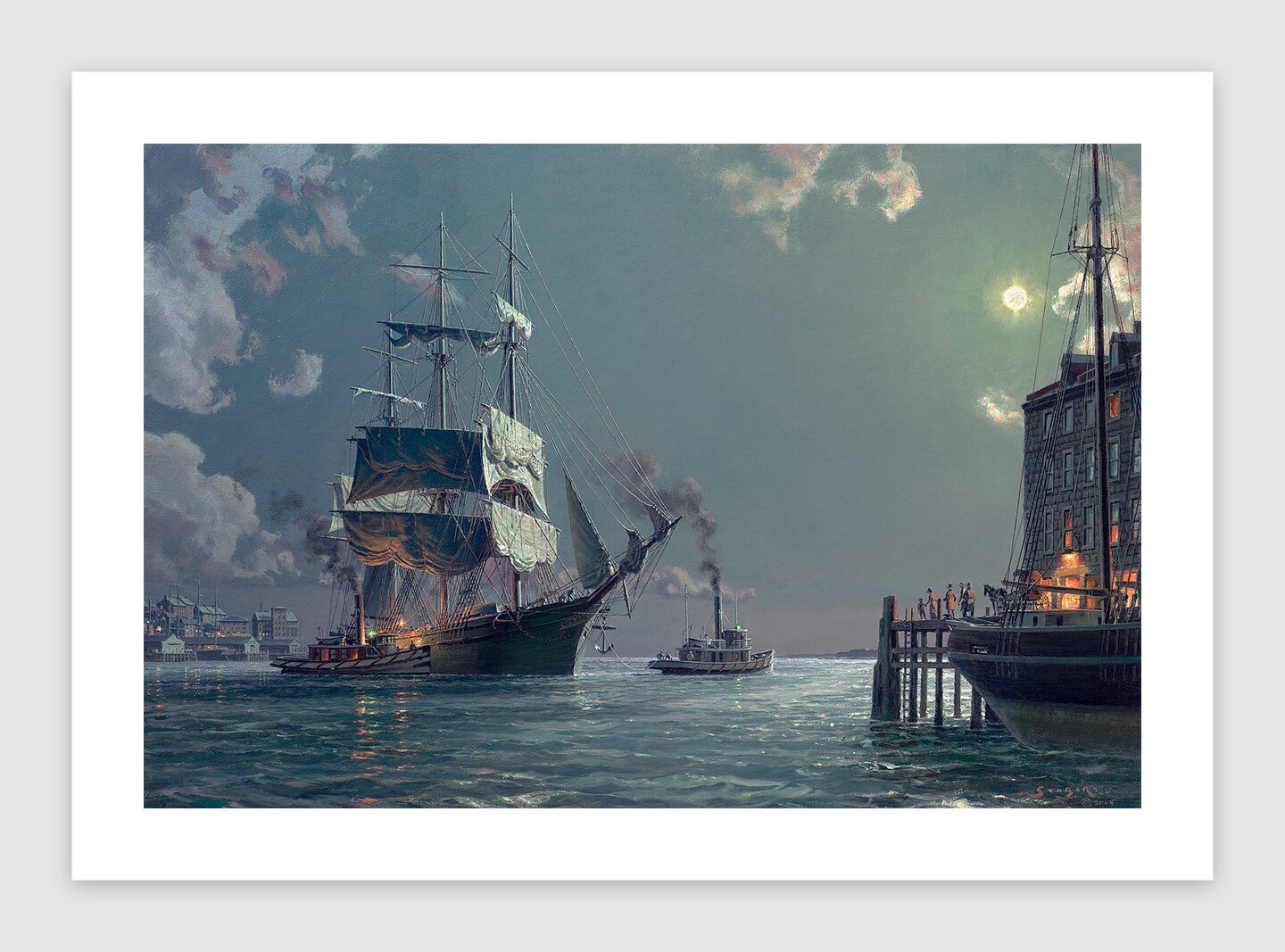 Boston Departure by John Stobart

It is late evening in Boston Harbor at the zenith of the Clipper Era. A few well-wishers and family members have remained at the wharf to witness the event as the ship leaves the pier in the custody of pilot and tugs