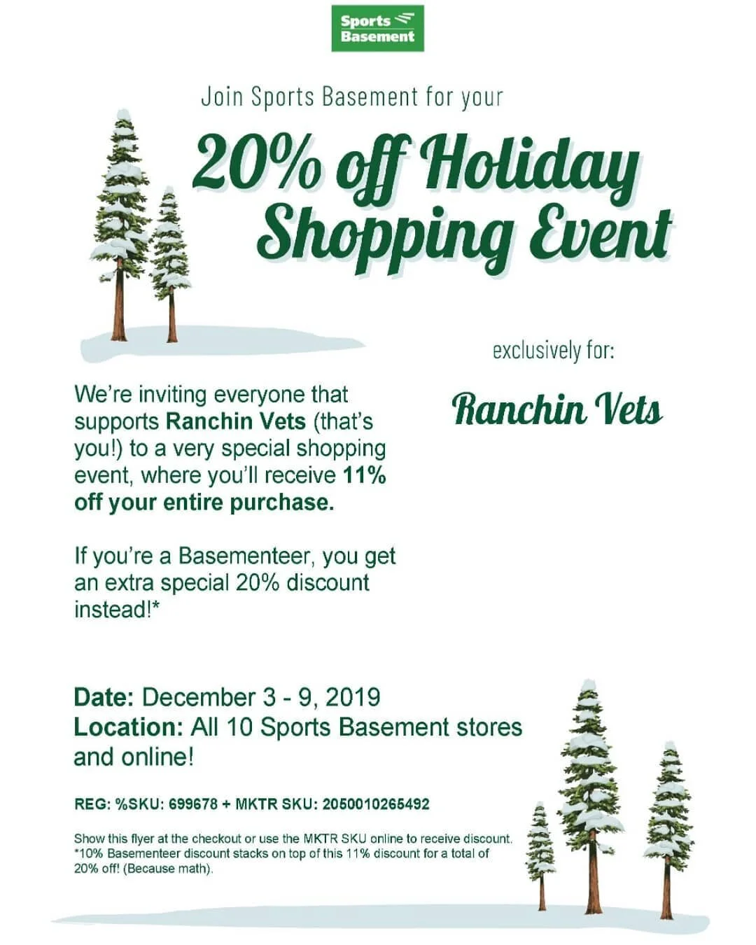 Do you shop at @sportsbasementnorthbay ? 
Sign up to become a Basementeer and support Ranchin' Vets while you shop 🇺🇸 You get 10% off EVERY time you shop while 10% goes to our program- it's a win-win! 
We will be having a holiday shopping party for