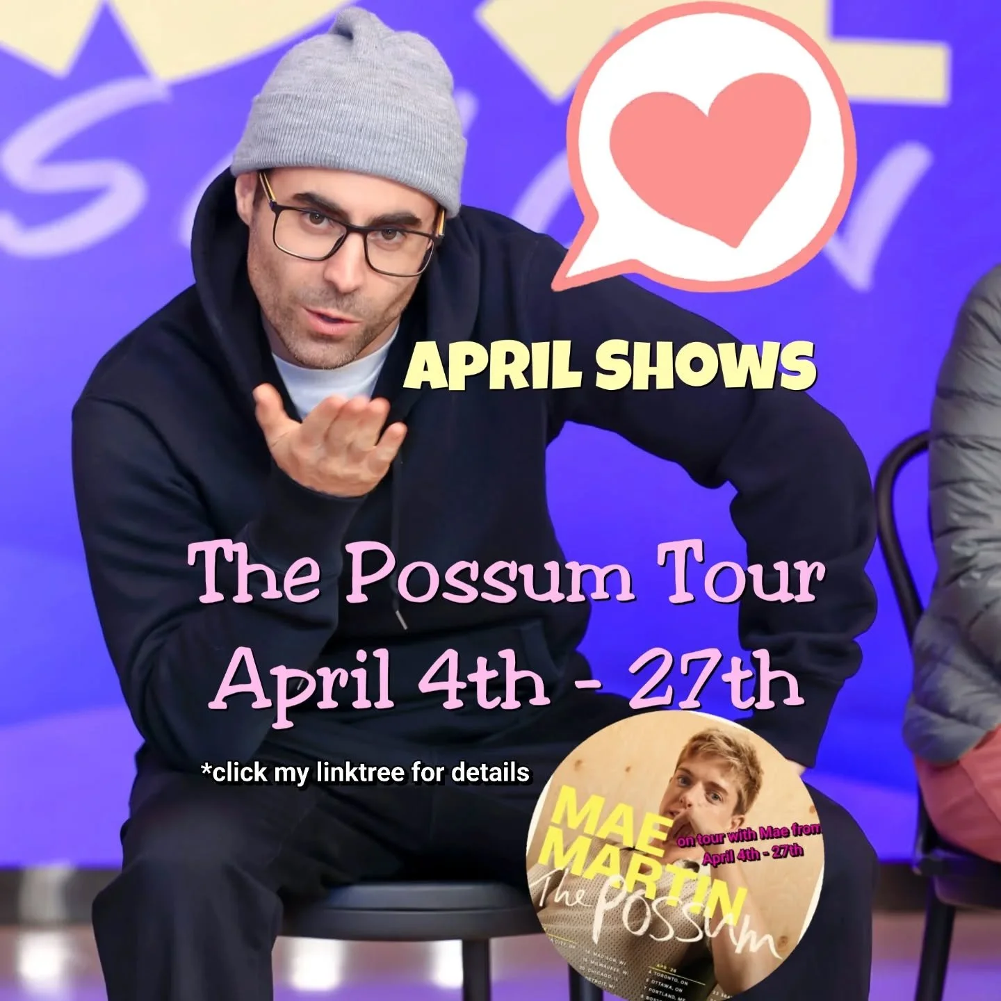 I'm touring with @hooraymae all April. Come out and see The Possum! 
* Click my linktree for details