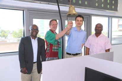L-R: Professor Chris Udry, our friend/supporter, and Dr. Kadri Alfah ringing the GCX trading bell
