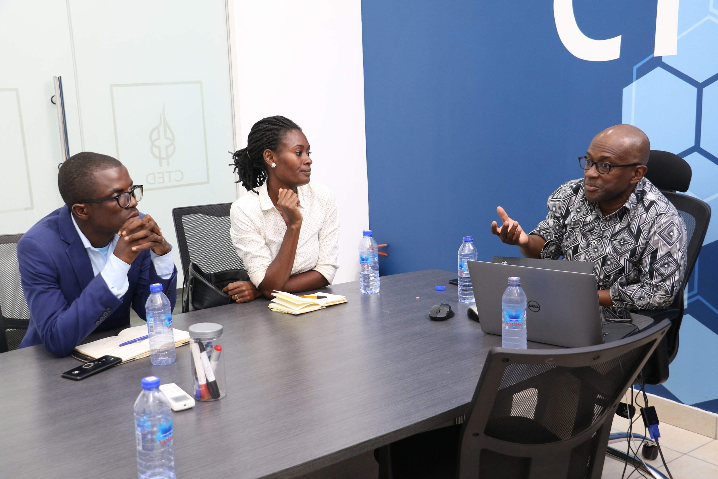 PI Prof. Yaw Nyarko meeting with the CTED-GCX brokers at the CTED Accra office.