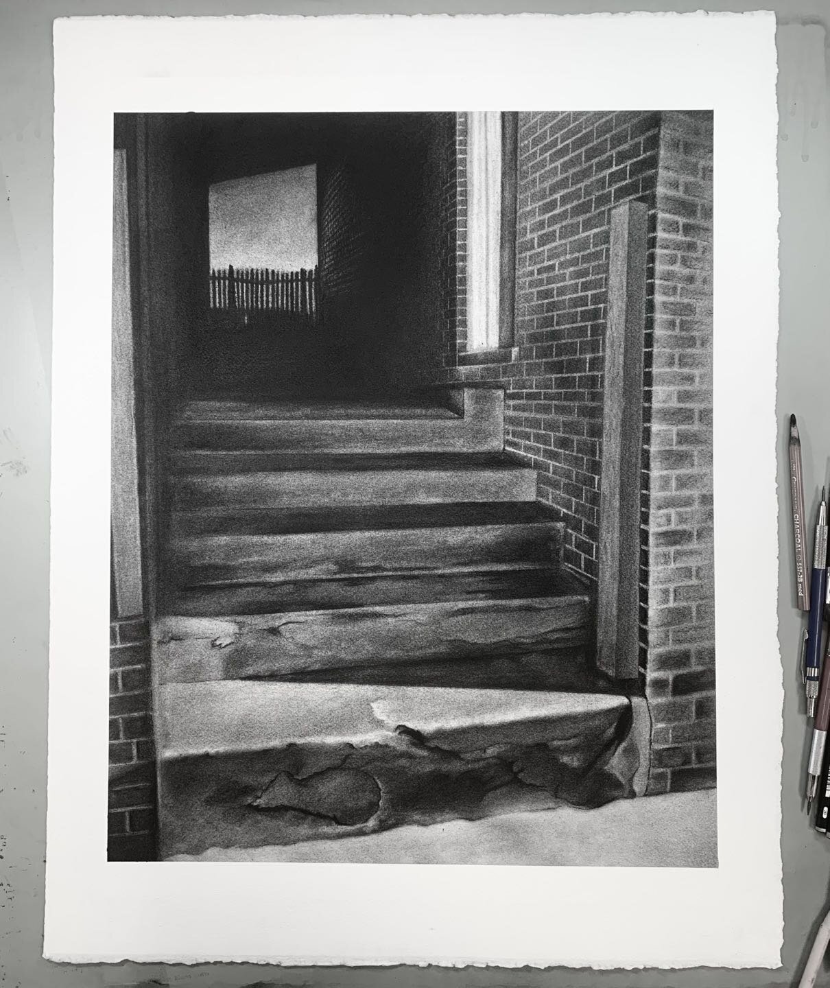 ✍🏽 I walked by these stairs some time ago, wondered where they lead, and didn&rsquo;t bother to find out because why not just draw it instead? 😆✍🏽

📶📶📶📶📶📶📶📶

Stairs. 20x26. Charcoal.