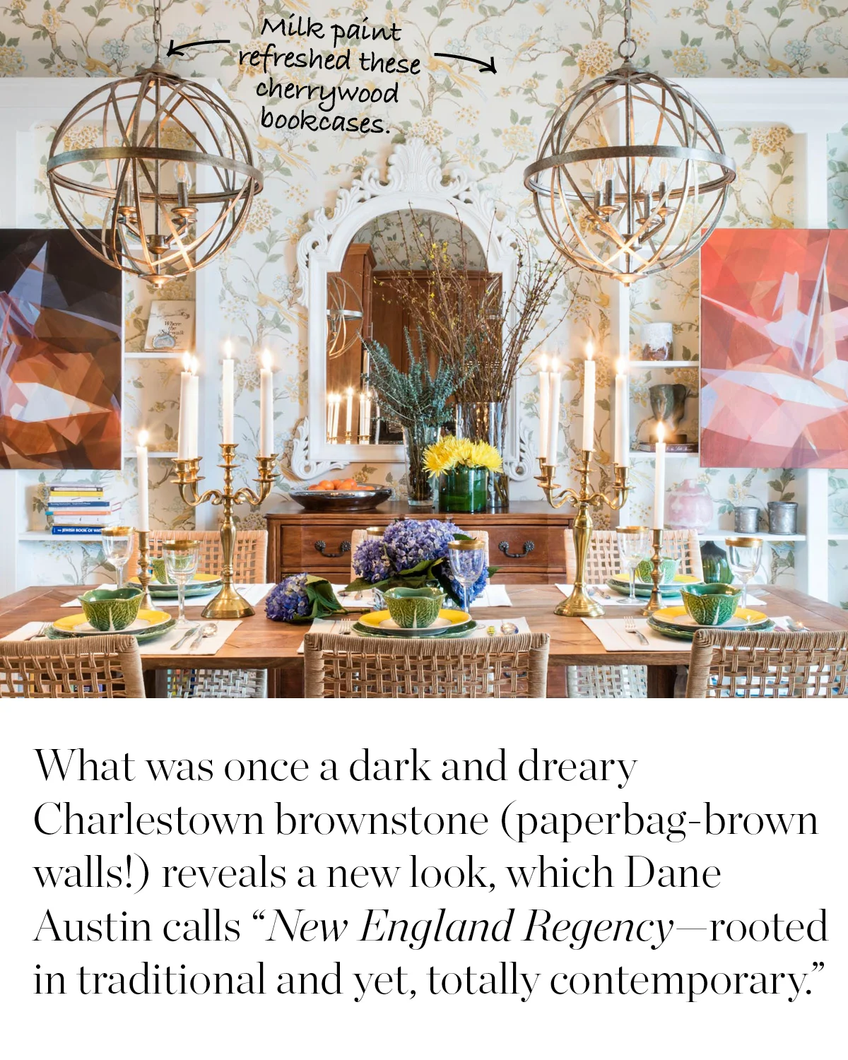 Wallpaper: Fanciful by York Wallcoverings . Dishware: Lettuce leaf dishes by Tory Birch and saucers by Kate Spade. Design: Dane Austin // Photo: Sabrina Baloun