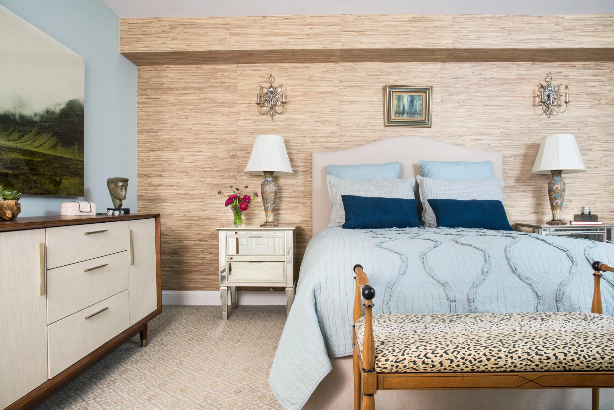 Wallcovering: Phillip Jeffries . Wall color: Palladian Blue by Benjamin Moore . Carpet: Stark Carpet . Artwork: “Vik” by Christine Flynn (mixed media on panel). Design: Dane Austin // Photo: Sabrina Baloun