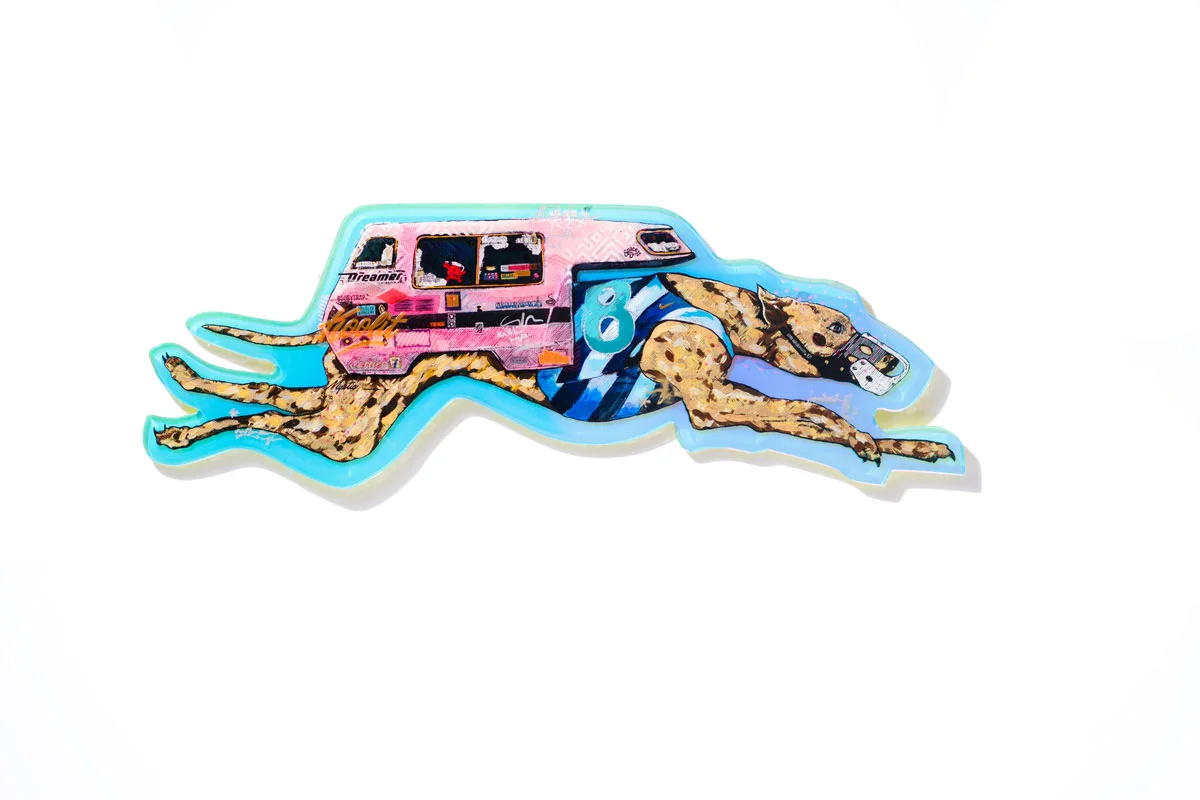Acrylic, holographic film, ink, acrylic paint, epoxy, swift dreams.