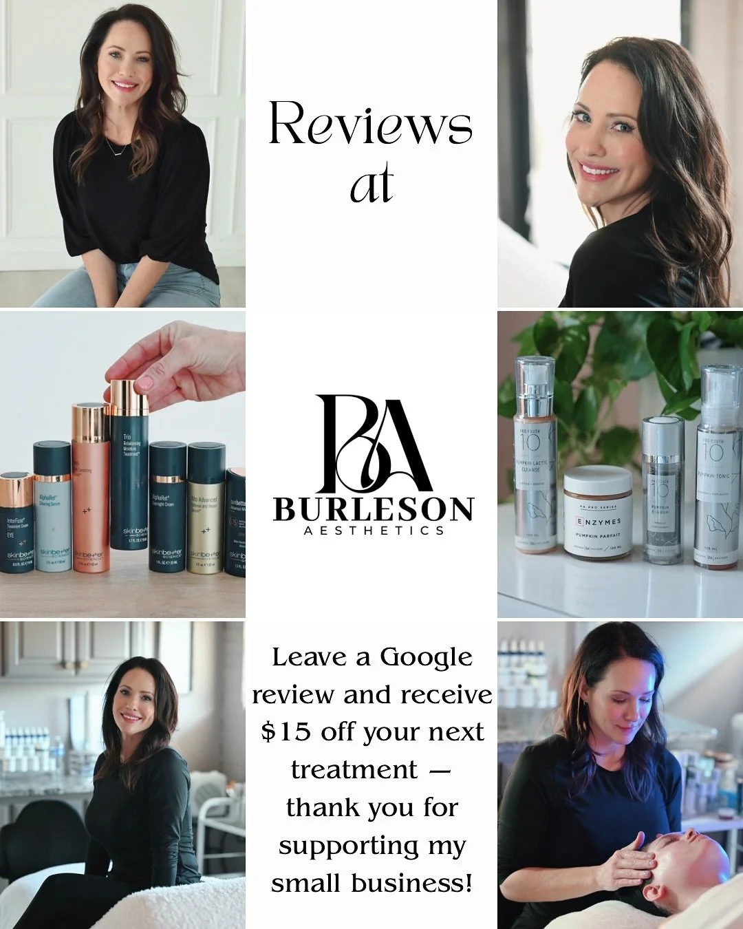 Every review makes a difference 🤍
As a growing small business, your Google reviews help new clients find Burleson Aesthetics and trust us with their skin.
If you&rsquo;ve loved your treatment, please take a moment to share your experience &mdash; it