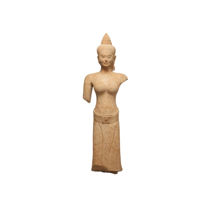 Credit: Asia Society Female Figure (one of a pair). Cambodia. Angkor period, Bayon style, late 12th–early 13th century. Sandstone. H. 55 x W. 18 x D. 9 1/2 in. (139.7 x 45.7 x 24.1 cm). Asia Society, New York: Mr. and Mrs. John D. Rockefeller 3rd Collection, 1979.72.2