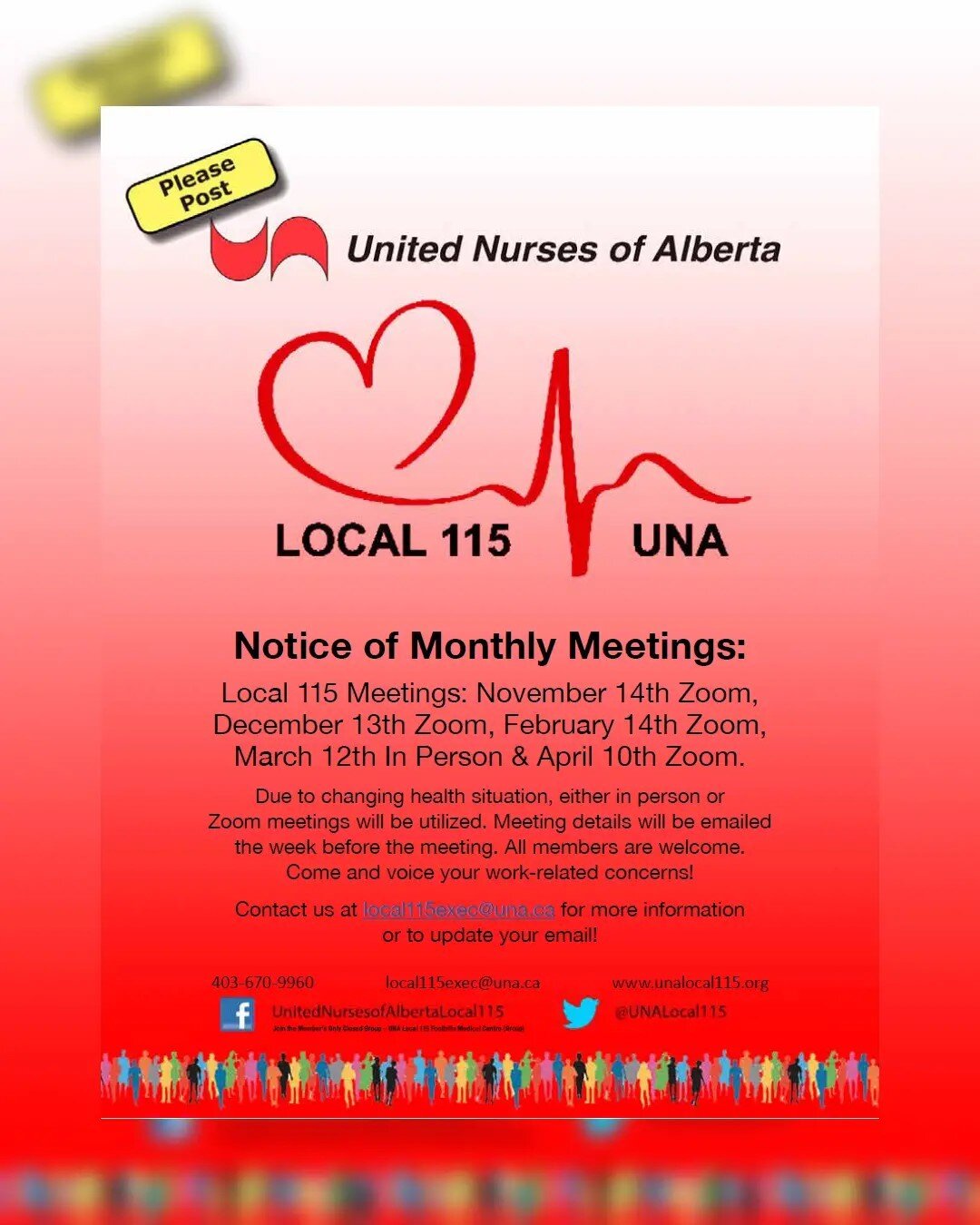 UNA Local 115 
Notice of Monthly Meetings