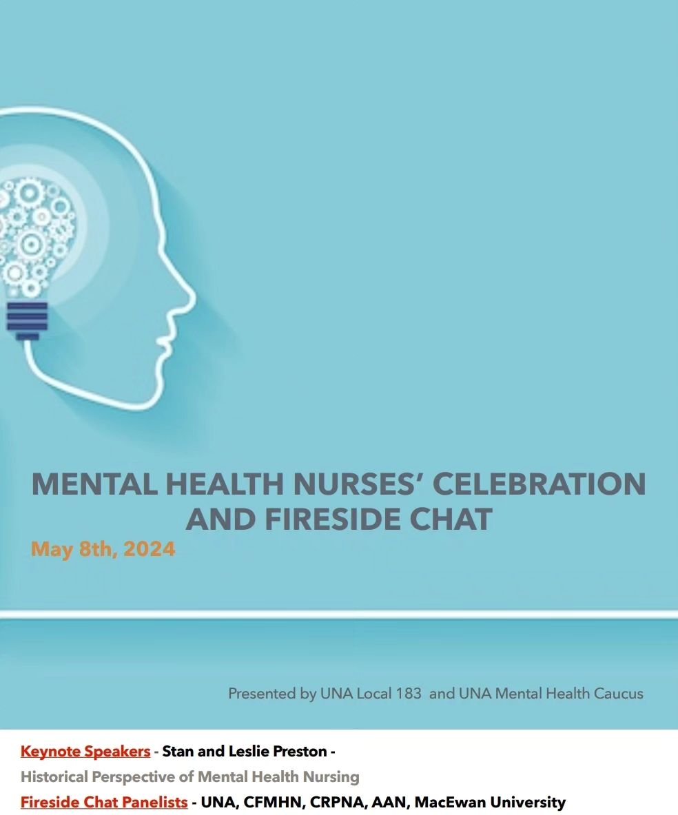 UNA Mental Health Caucus is pleased to announce a Fireside Chat with Mental Health Nurse Leaders on May 8, 2024 at the Quarry Golf Course (and on Zoom) during 2024 Nurses' Week Celebrations.

This will be moderated discussion and a celebration of the