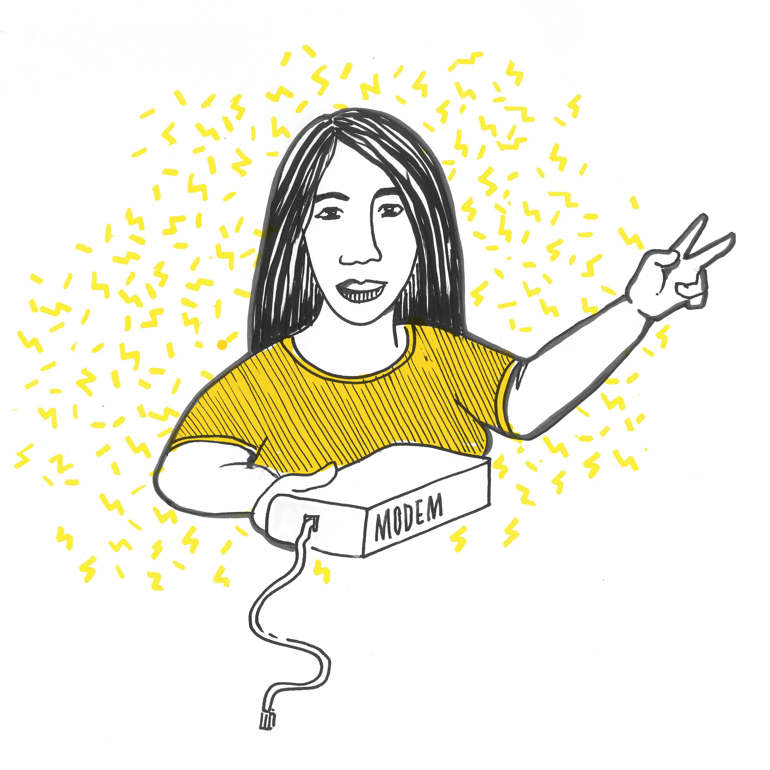 A dark haired girl holds an Internet modem