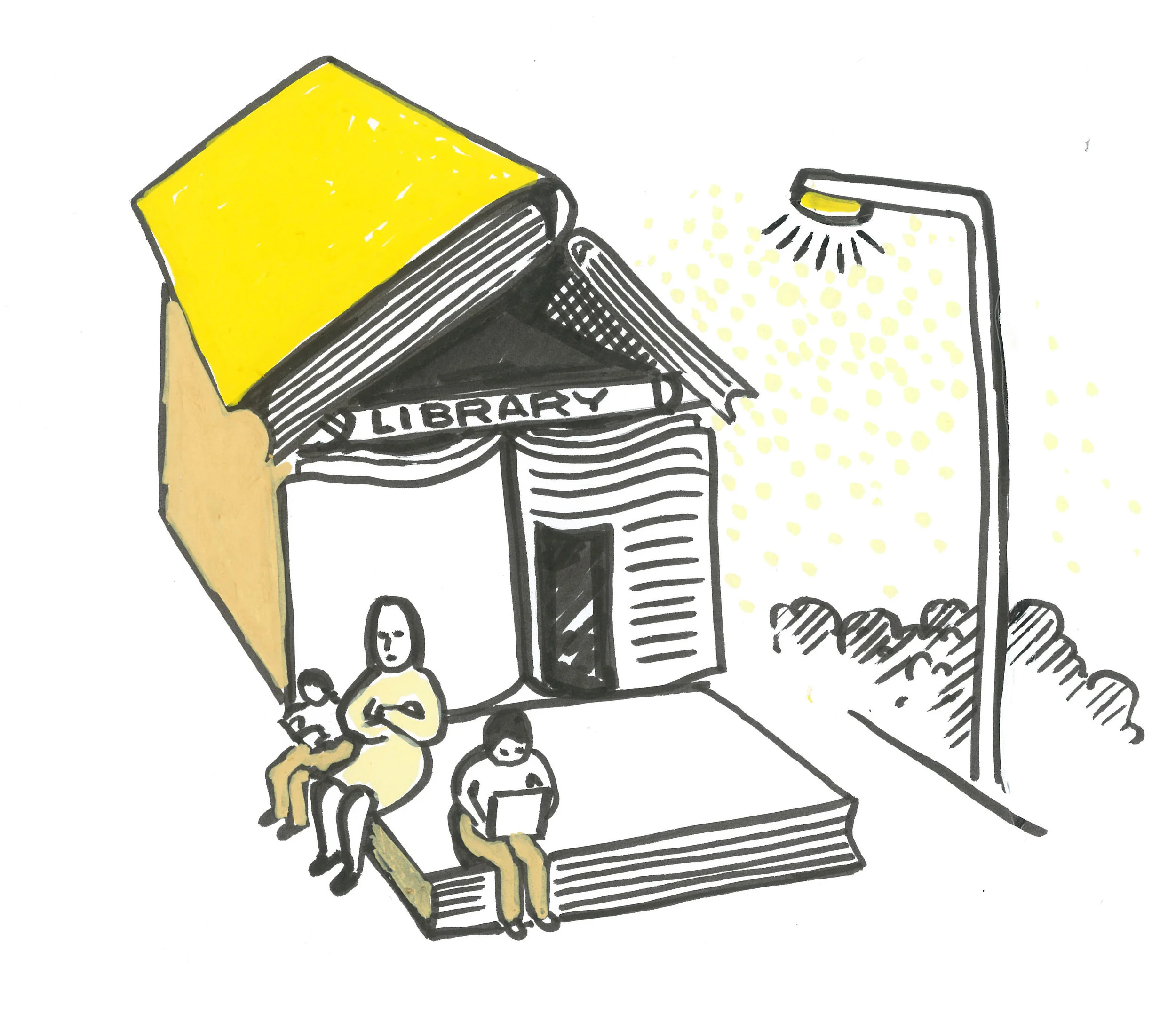 Two kids and a lady sit outside a community library made out of books
