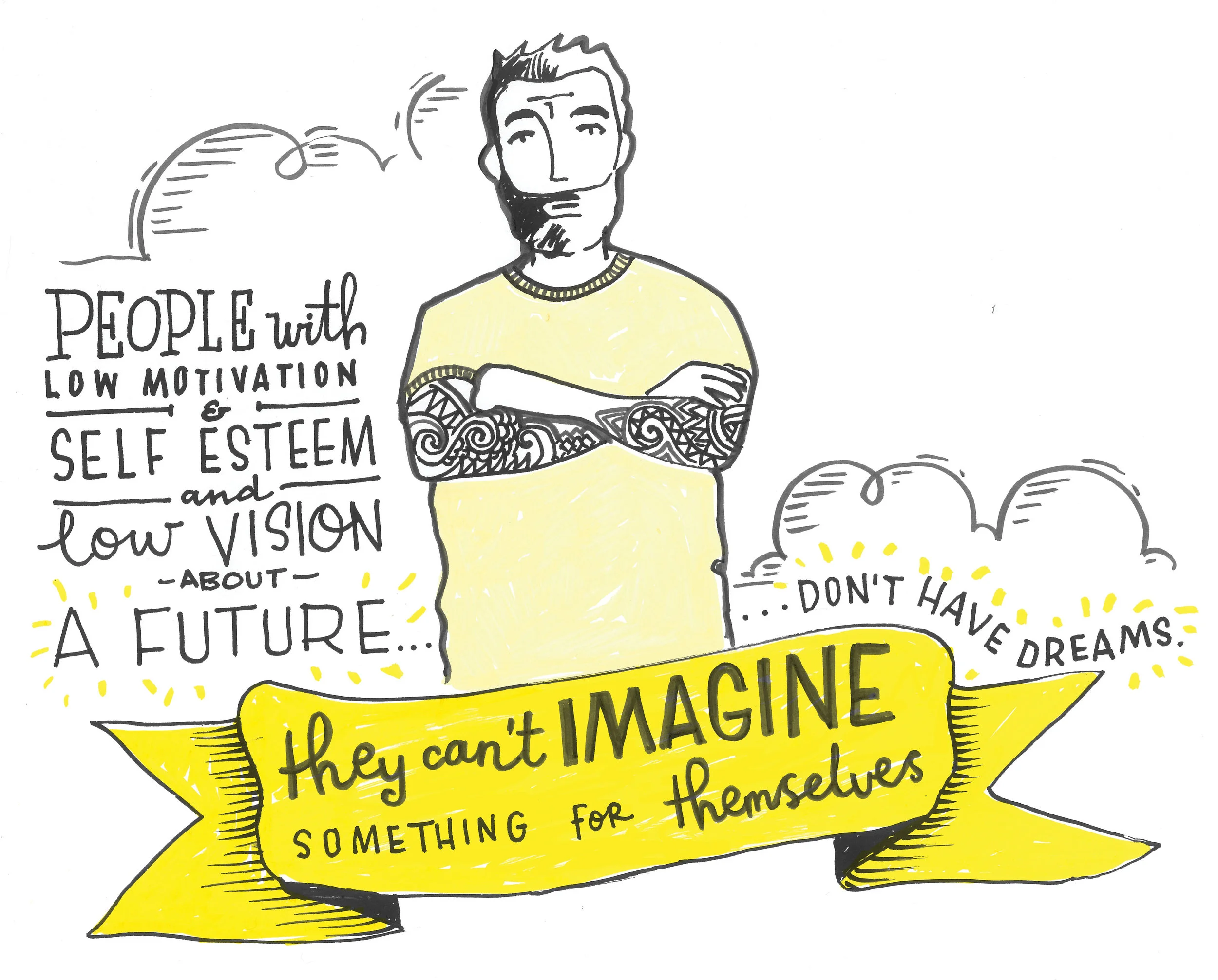 Man with arm tattoos has arms crossed. “People with low motivation and self esteem and low vision about a future don’t have dreams. They can’t imagine something for themselves.”