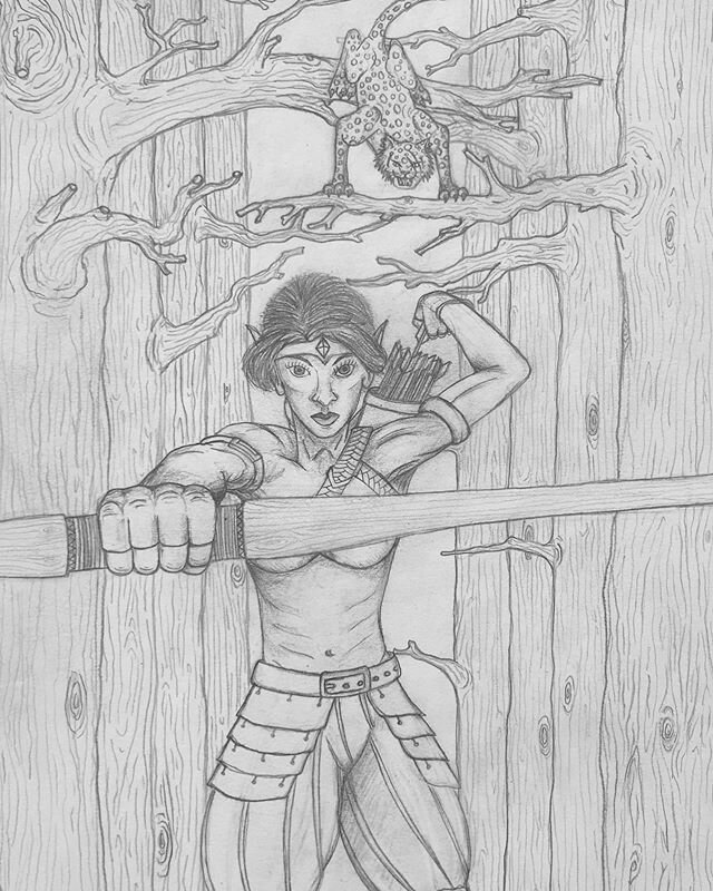 Here is a drawing of Willow Warbow and her cheetah companion, Graveyard Claws. This is @bernadettejayden first D&amp;D character and so I thought it would be cool to bring her to life. Fun fact: her character is actually of the changeling race which 