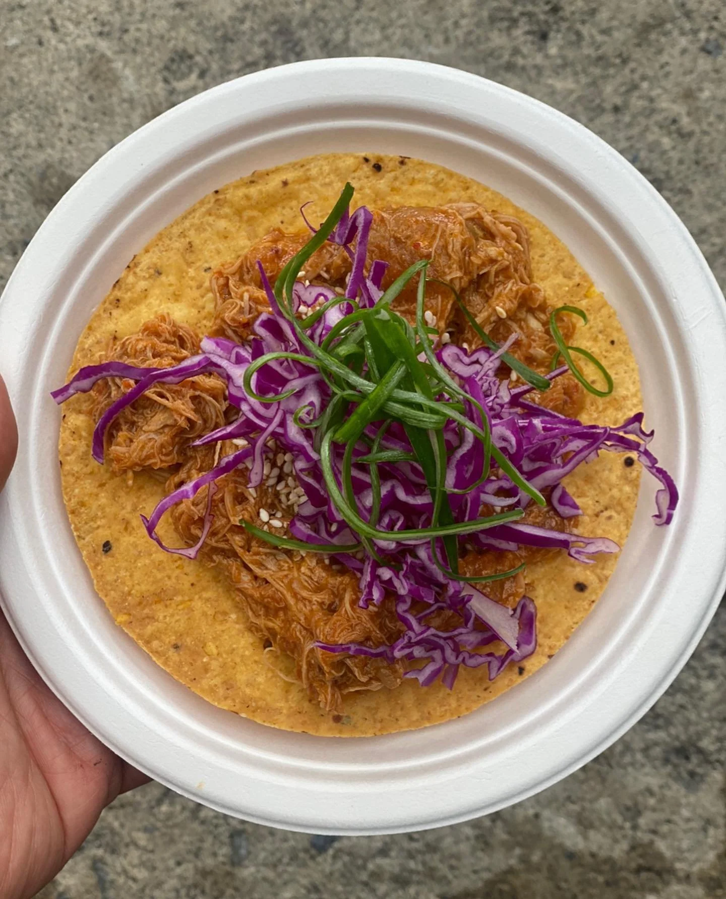 Tacos filled with shredded meat, topped with shredded purple cabbage and green onions.