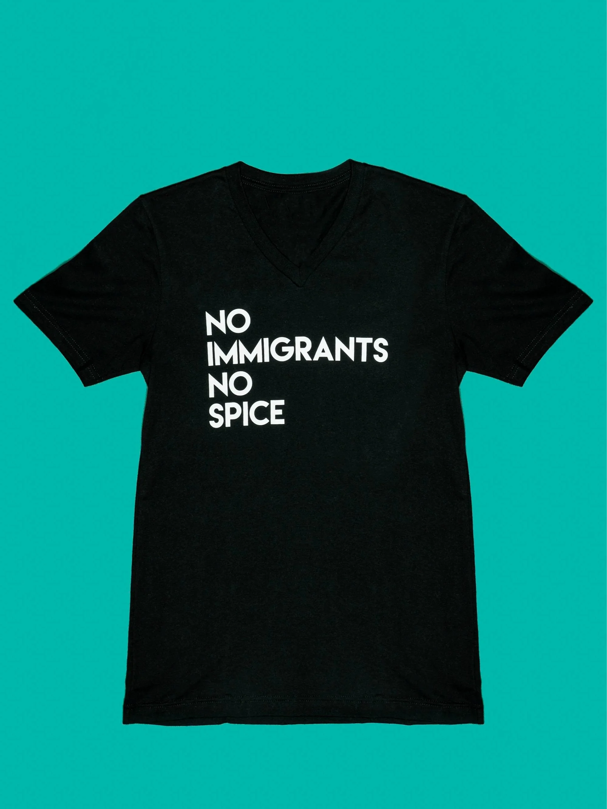 classic NINS tee with white text saying "no immigrants no spice" on a black t-shirt