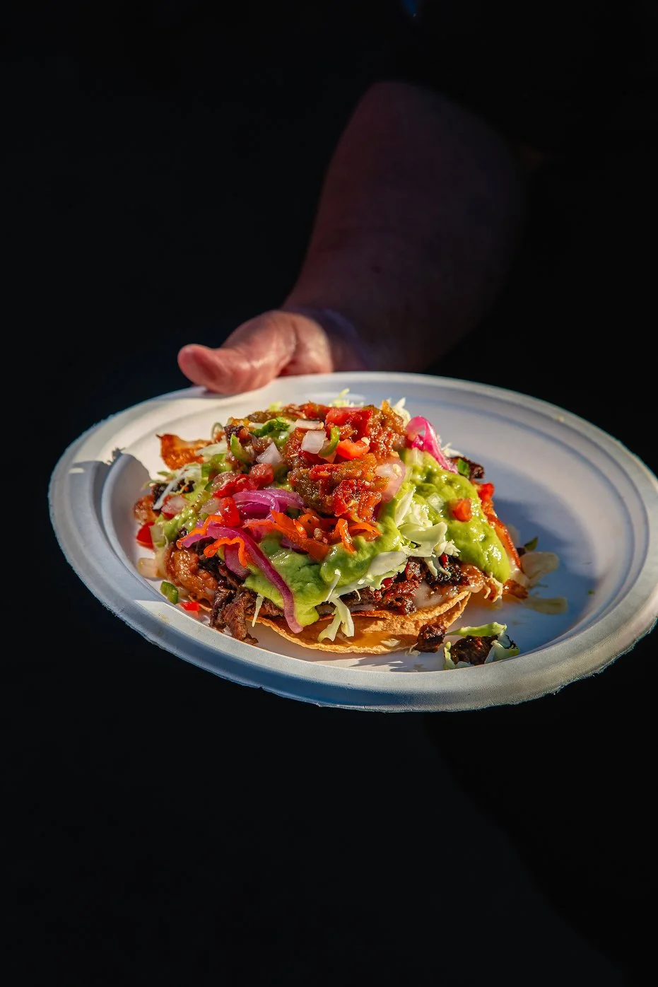 Person holding a disposable plate with a taco topped with lettuce, guacamole, diced tomatoes, and meat.