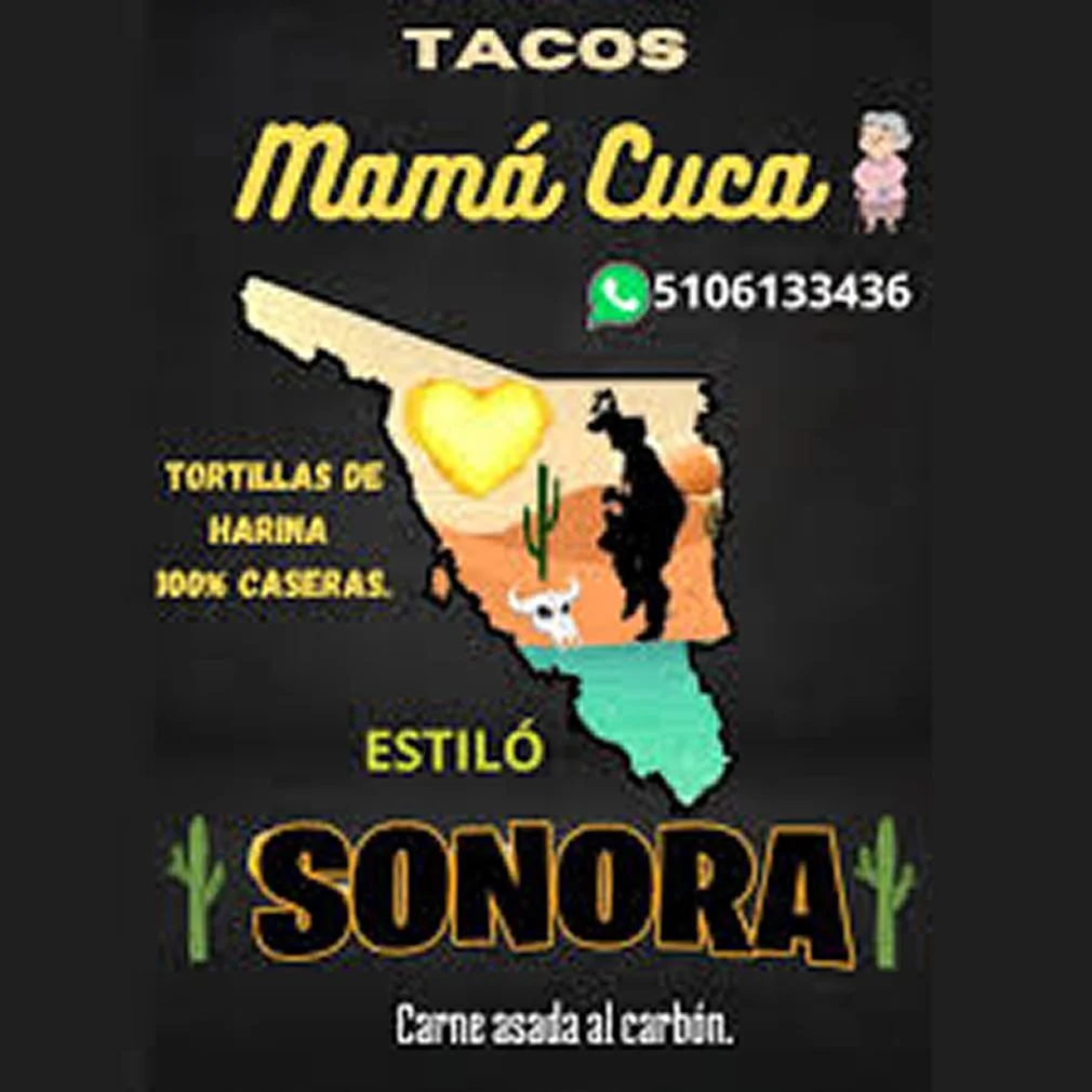 A blackboard-style advertisement for a food business called Mamá Cuac, selling homemade tortillas from Sonora, Mexico. The logo features a map of Mexico with a heart, cactus, and animal illustrations, mentioning ingredients and contact info, with a tagline about carne asada on a grill.