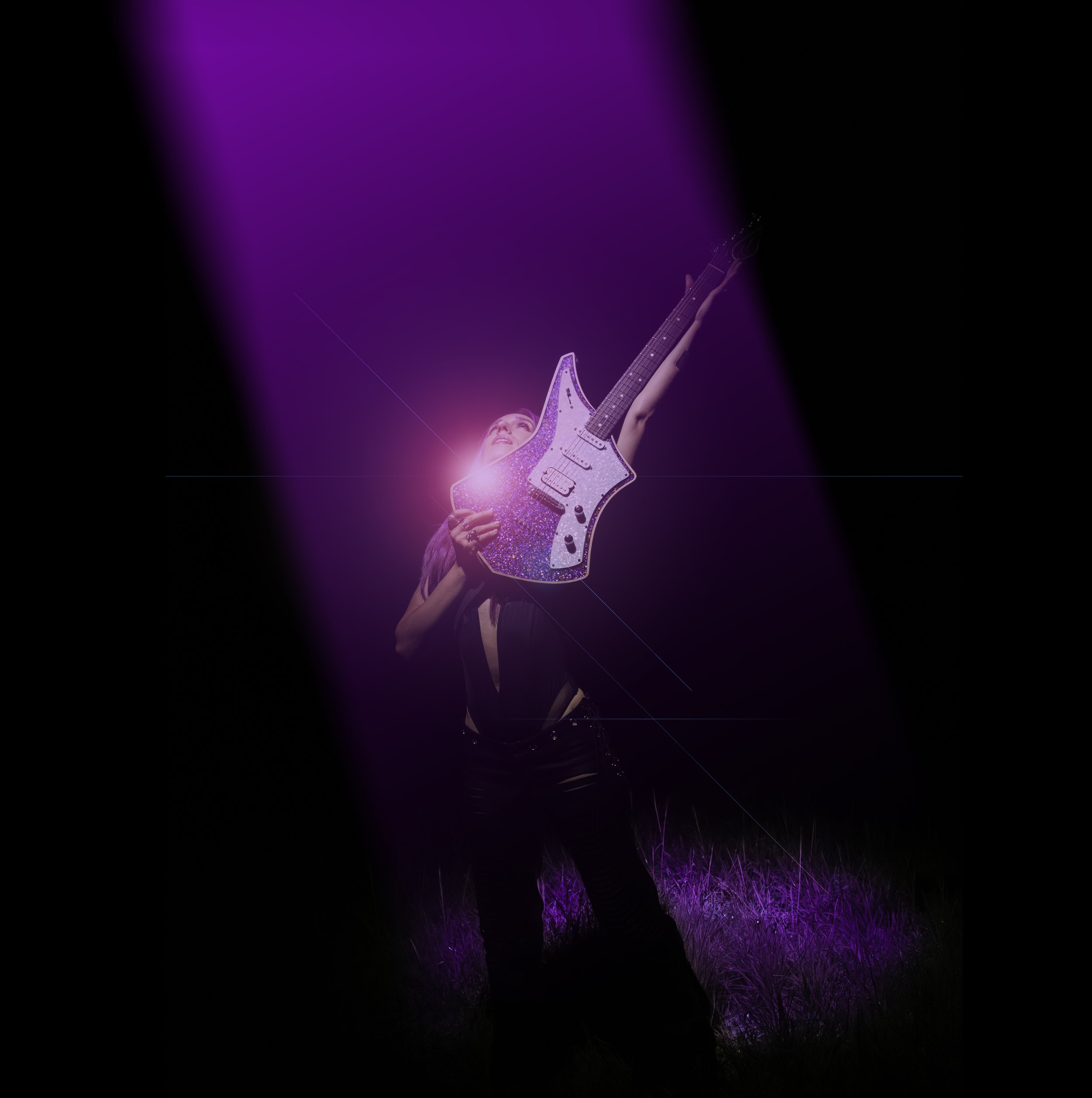 Person holding a purple, sparkly electric guitar under purple stage lights in a dark environment.