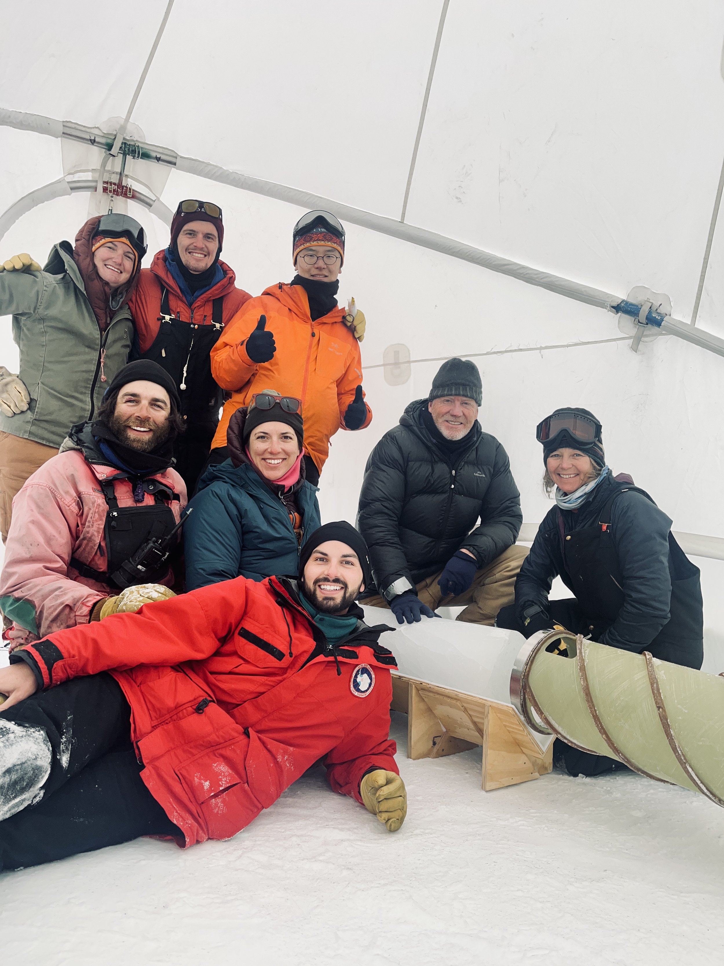 Allan Hills I-165 crew with the first ice core drilled in 2022 season