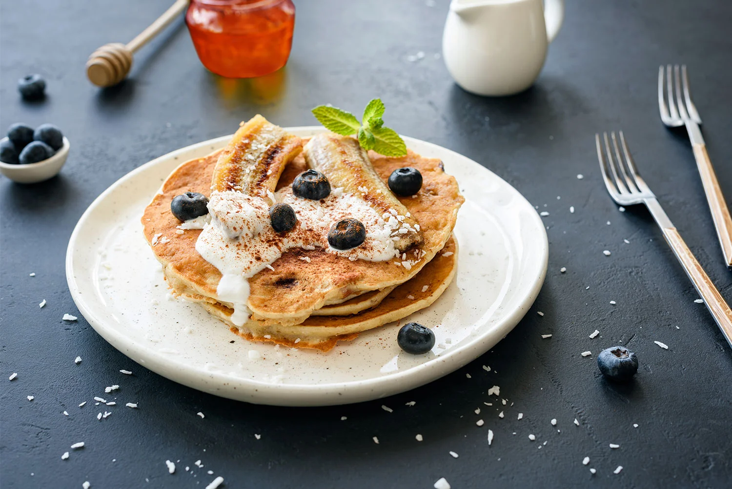 Banana Blueberry Protein Pancakes