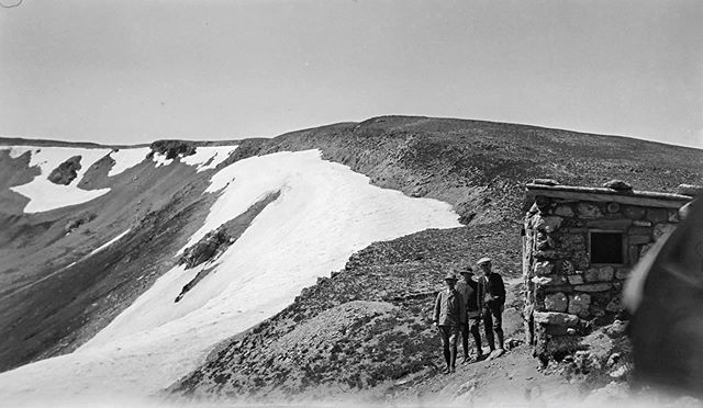 Negative number 63 from the Rocky Mountain Nat. Park Album - 1924 Captioned, &ldquo;Fall River Vte Hike, shelter cabin and people at top&rdquo; #foundphoto #snapshot #familyslideshow #longlivefilm #kodak #nationalparks #rockymountainnationalpark  #es