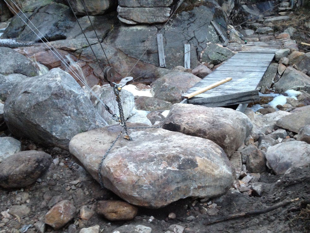 Winching boulders into place