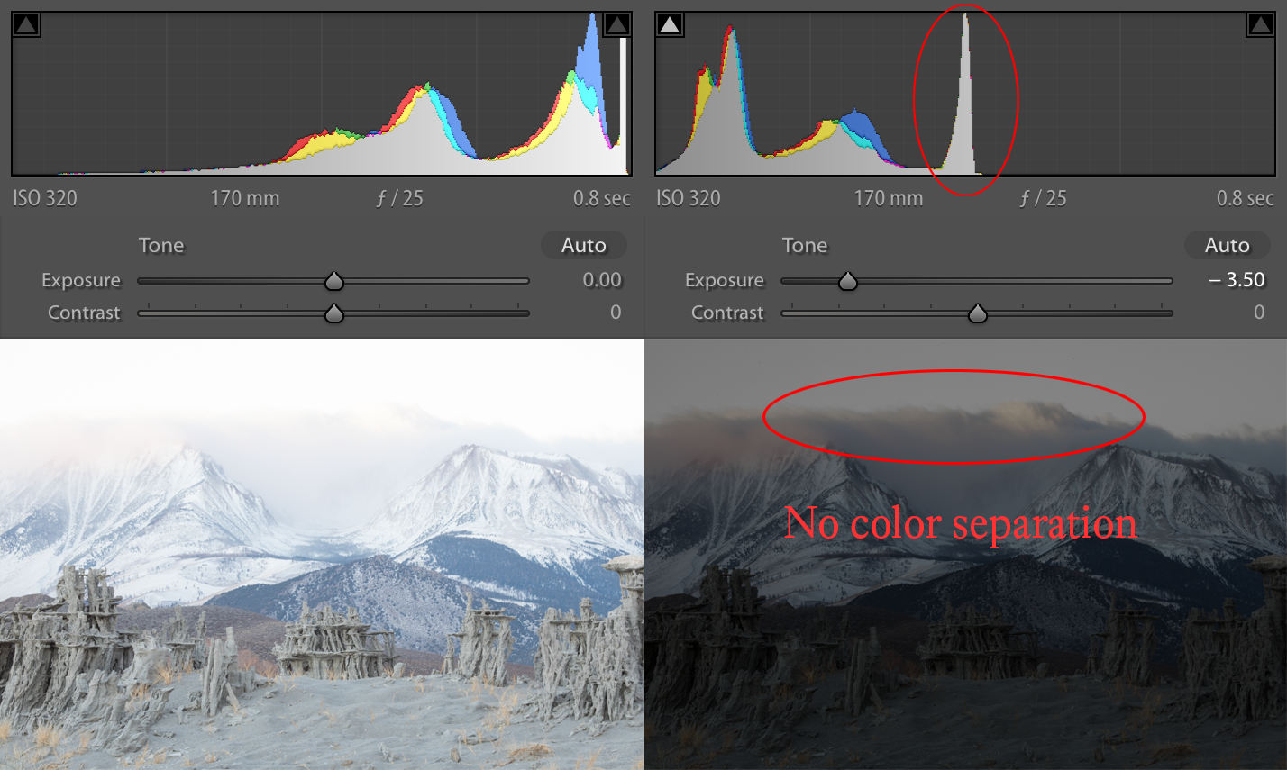 ETTR version shows no color separation when pulling the exposure down.