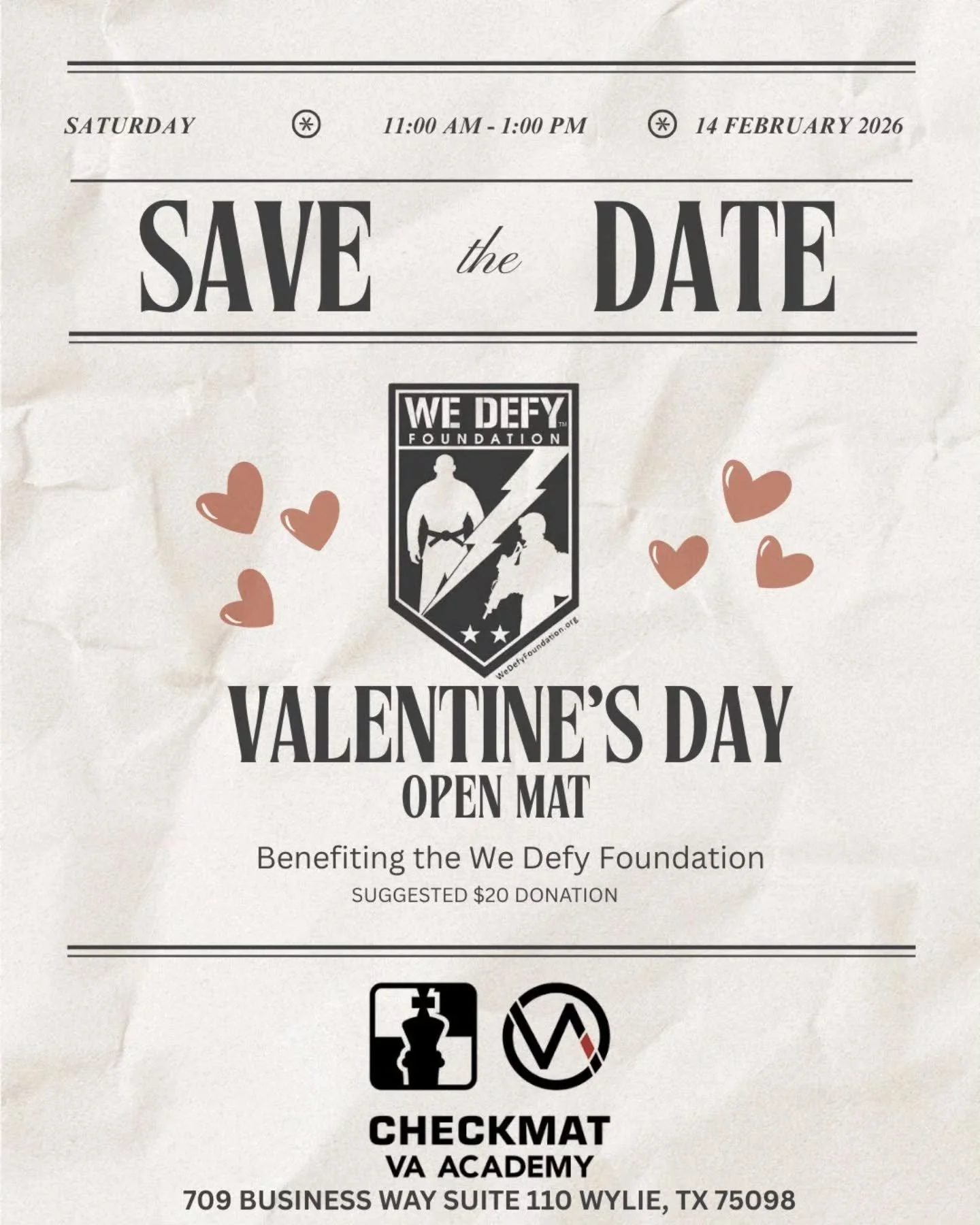 ❤️ Valentine&rsquo;s Day Open Mat ❤️
This Valentine&rsquo;s Day, we&rsquo;re opening the mats for a special cause. Join us for an Open Mat benefiting the We Defy Foundation, supporting veterans through Jiu Jitsu and community.
Bring your significant 