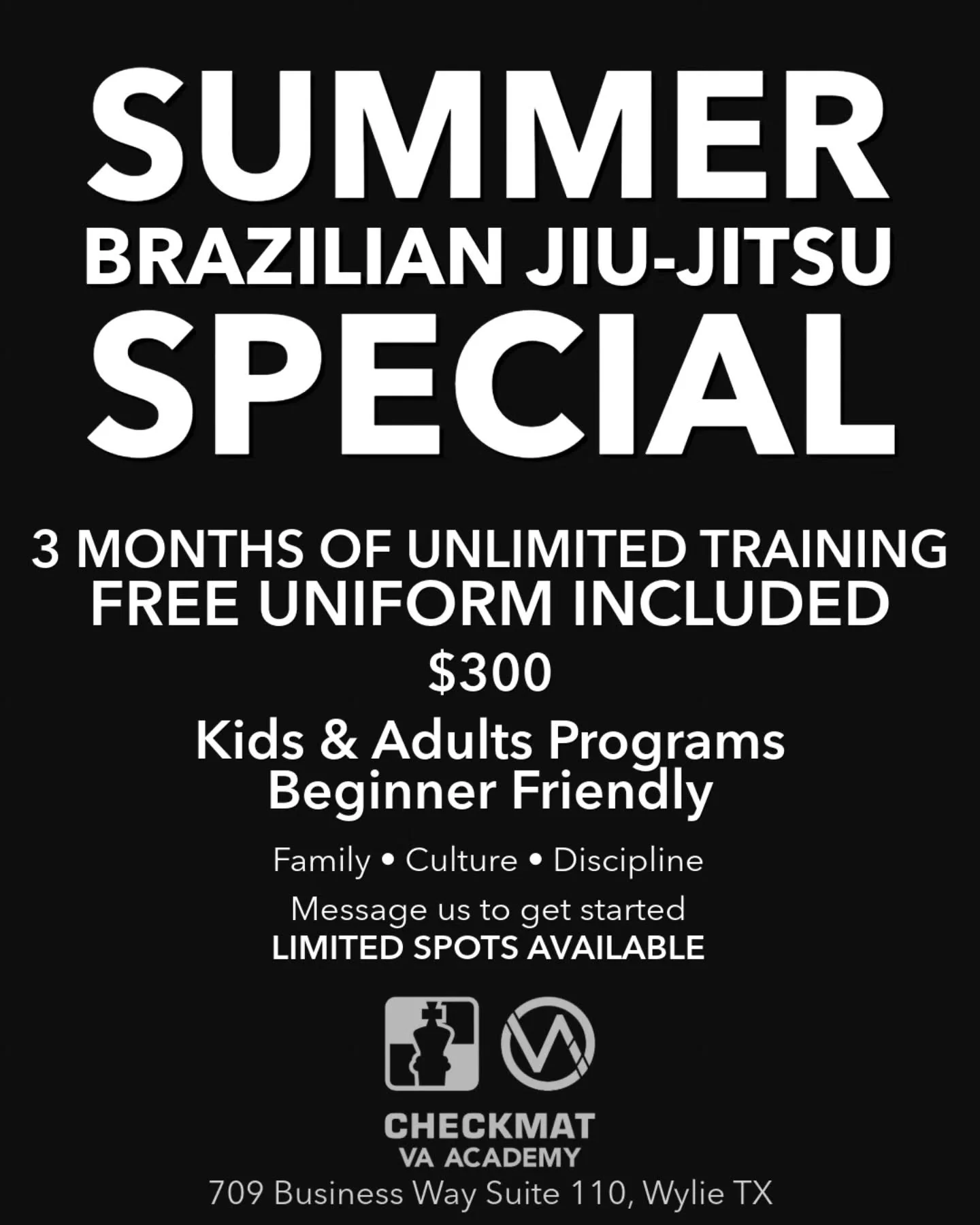 Summer is the perfect time to start Brazilian Jiu-Jitsu.

VA Academy offers a welcoming environment for both kids and adults to learn and grow on and off the mats.

SUMMER SPECIAL:
3 Months of Unlimited
Training FREE Uniform Included
$300

Kids &amp;