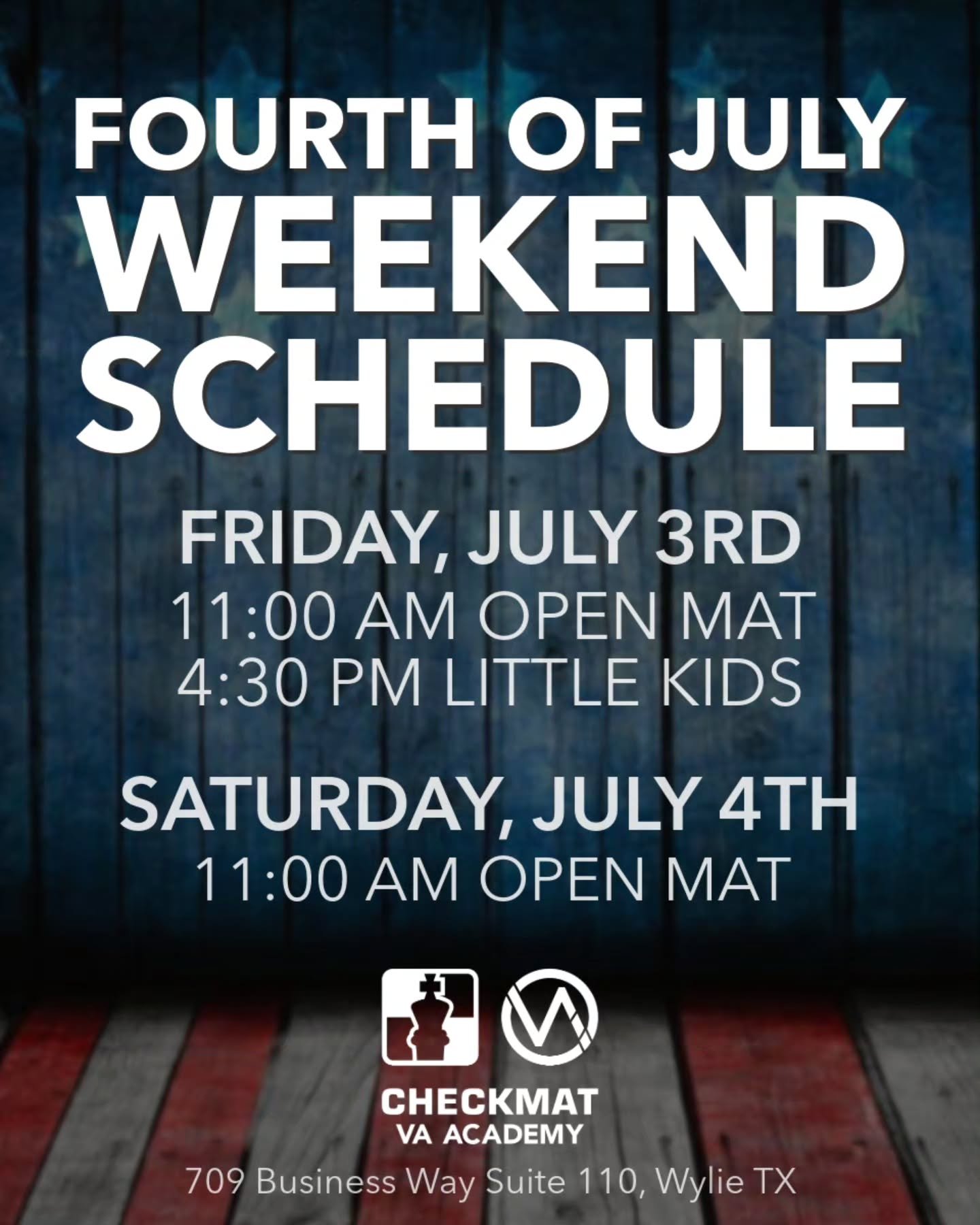 🇺🇸 Fourth of July Weekend Schedule 🇺🇸

Friday, July 3rs
&bull; 11:00 AM Open Mat
&bull; 4:30 PM Little Kids

Saturday, July 4th
&bull; 11:00 AM Open Mat

We hope everyone has a safe and enjoyable Fourth of July with family and friends. If you're 