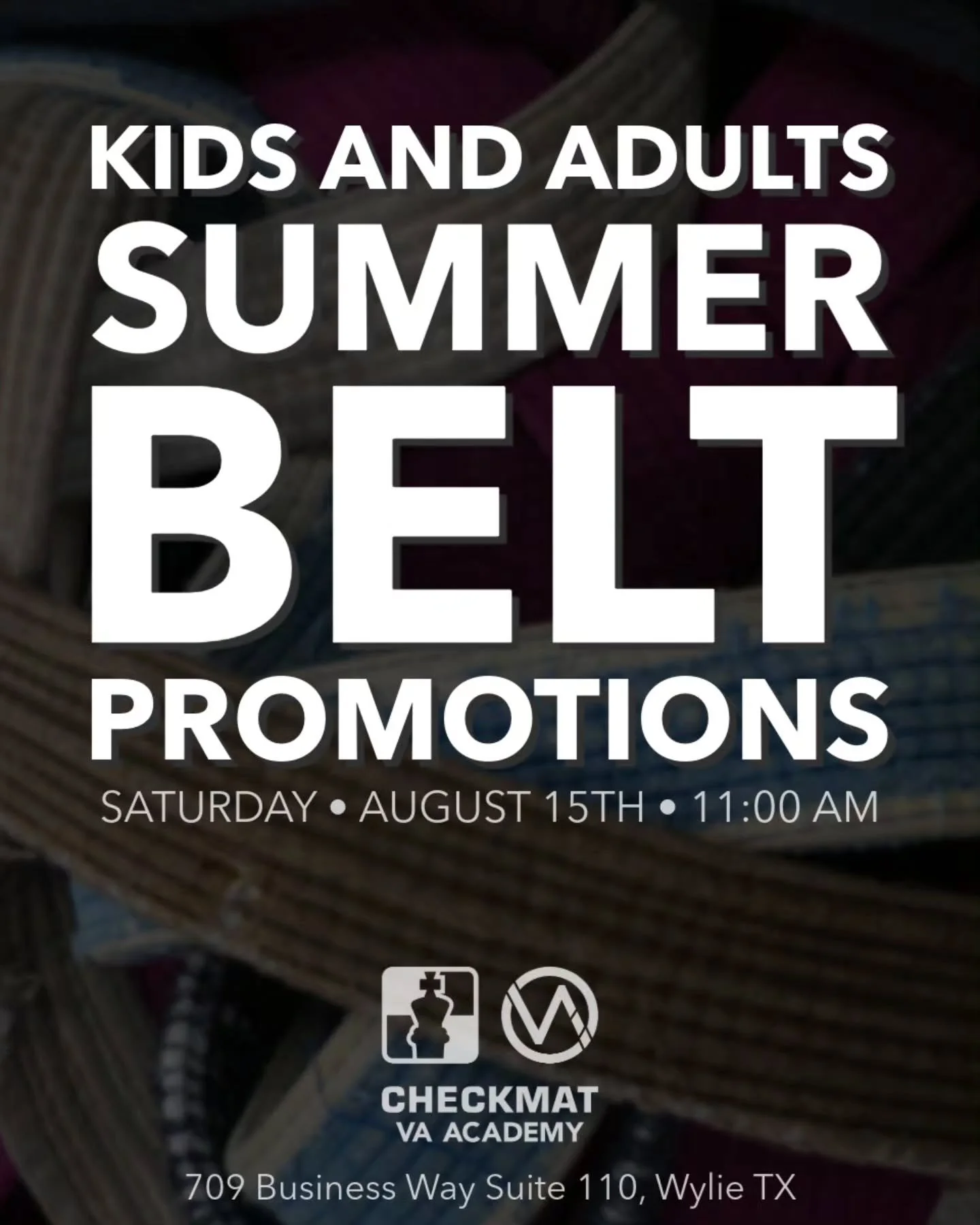 Belts are earned long before they're tied around your waist.

Every class. Every round. Every challenge. Every setback. Every small victory along the way. That's where promotions are earned.

Join us on Saturday, August 15th at 11:00 AM as we celebra