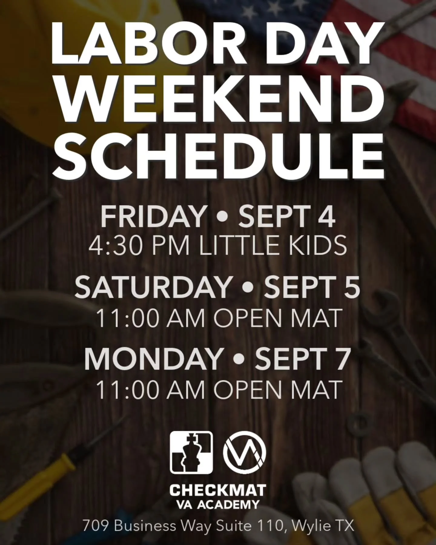🇺🇸 Labor Day Weekend Schedule:

Please take note of our adjusted schedule for the holiday weekend.

Friday: Little Kids at 4:30 PM
Saturday: Open Mat at 11 AM
Monday: Labor Day Open Mat at 11 AM &mdash; all regular classes canceled.

Open Mat is op
