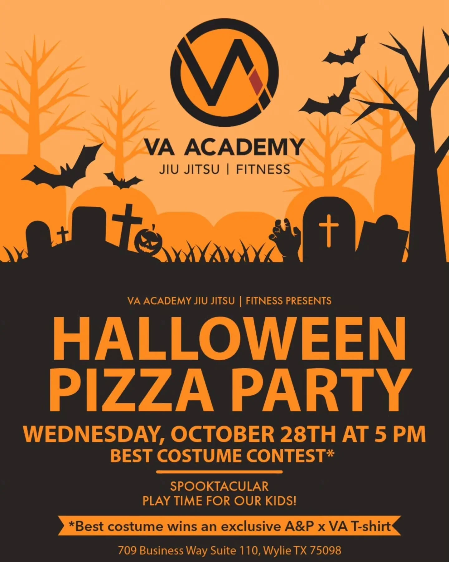 🎃 VA ACADEMY HALLOWEEN PIZZA PARTY! 👻🍕

It's that time of the year again! Join us for our traditional Halloween Pizza Party on Wednesday, October 28th, at 5 PM!

All VA Academy kids, adults, and families are welcome to come celebrate with us for a