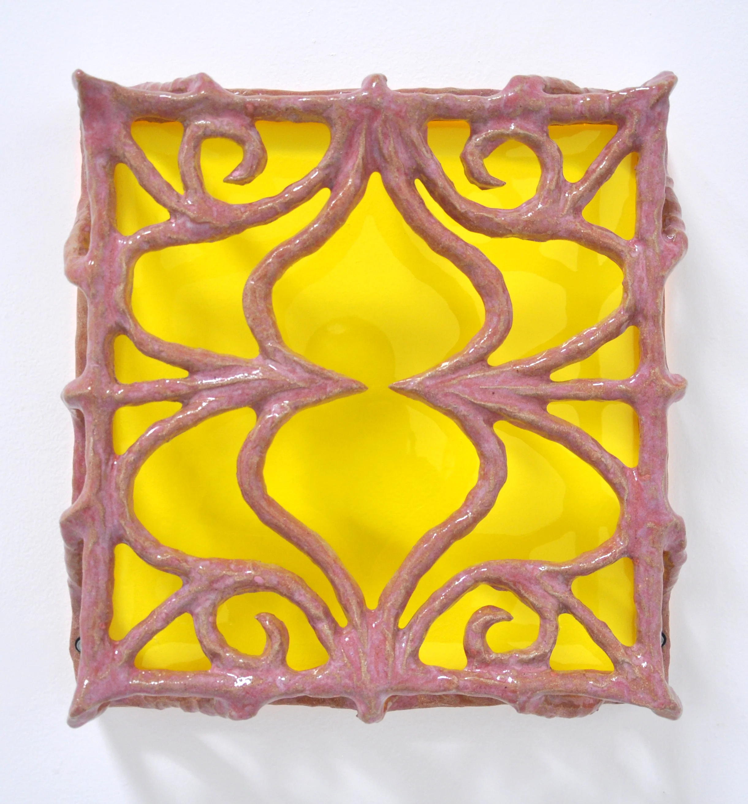 Nick Makanna, Isolationism III, 2019, Glazed ceramic and plexiglass, 19 x 5 x 19 in, $2000