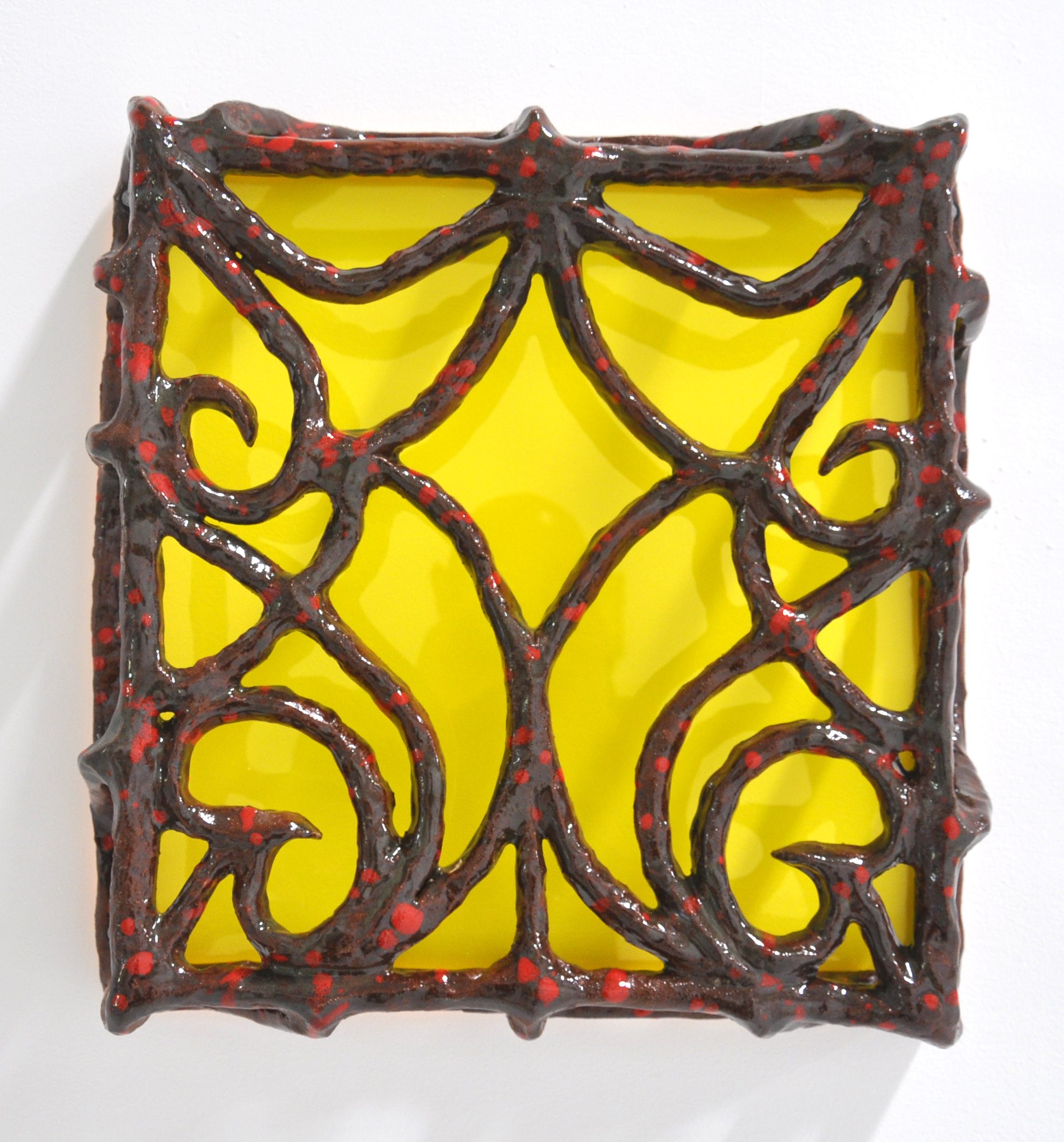 Nick Makanna, Isolationism IV, 2019, Glazed ceramic and plexiglass, 19.5 x 4.5 x 18.5 in, $2000