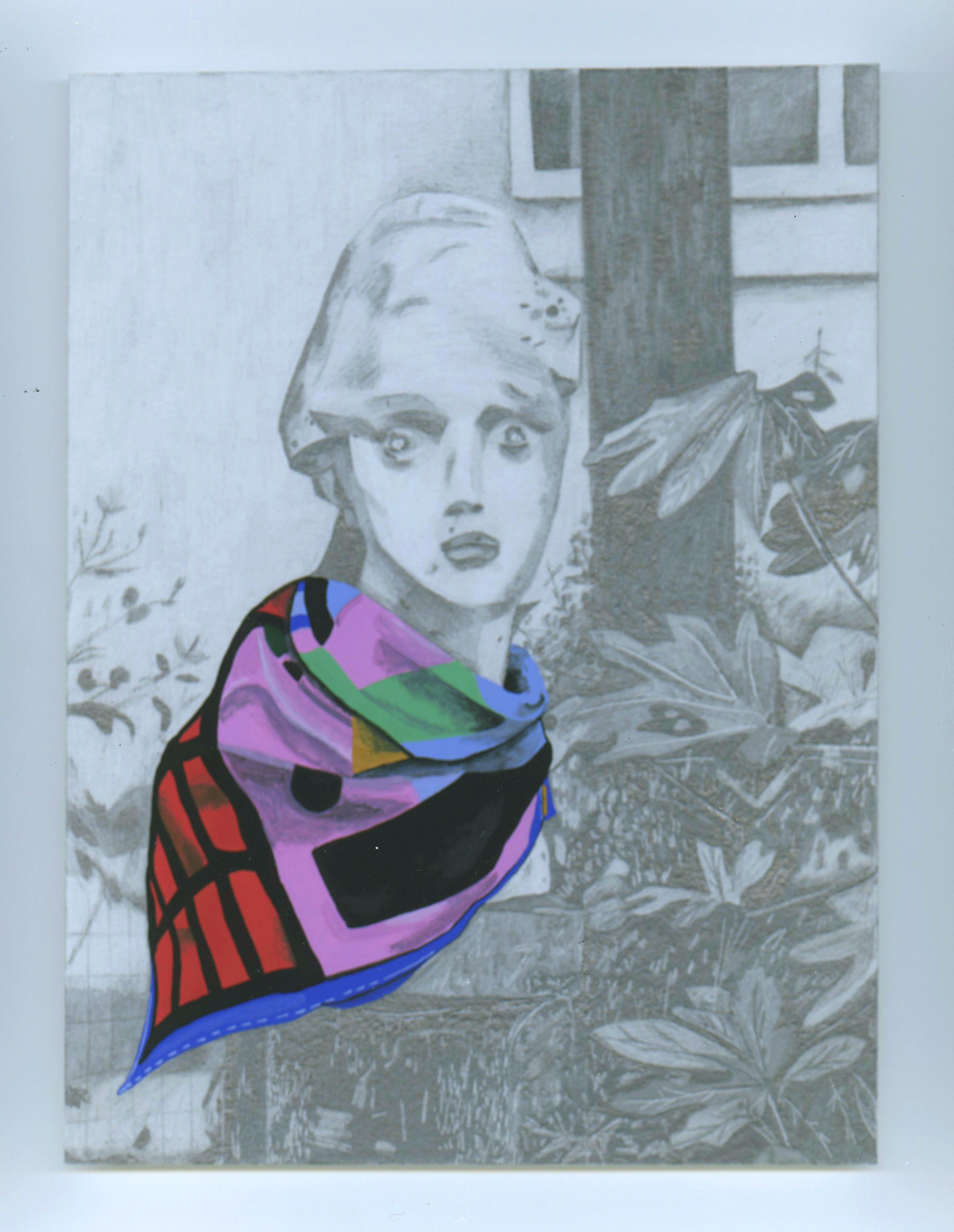 Libby Black, "Front View of Statue with Hermes Scarf", pencil on paper, 10 x 8 in, 2017