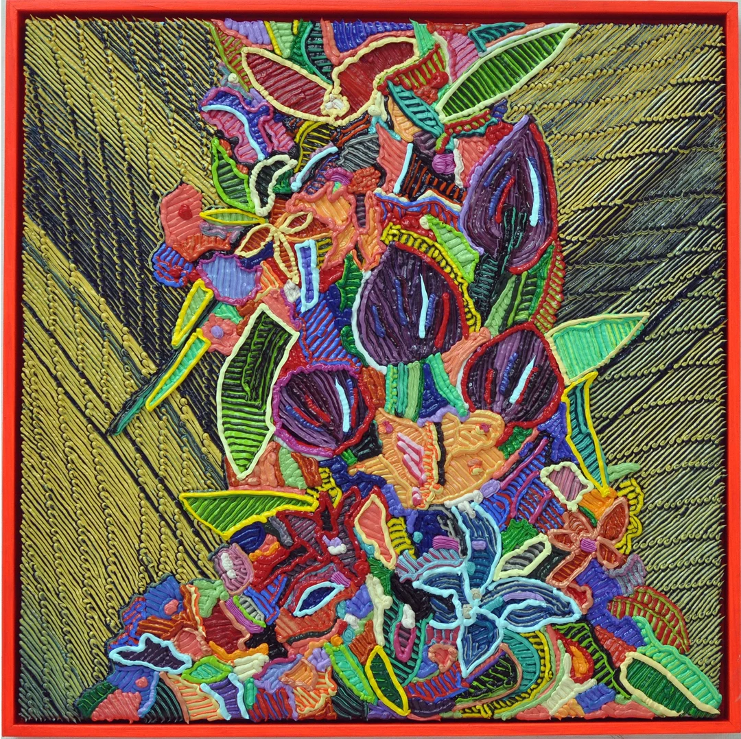 Caroline Larsen, "Acid Flowers", oil on linen with artist frame, 20 x 20 in, 2017