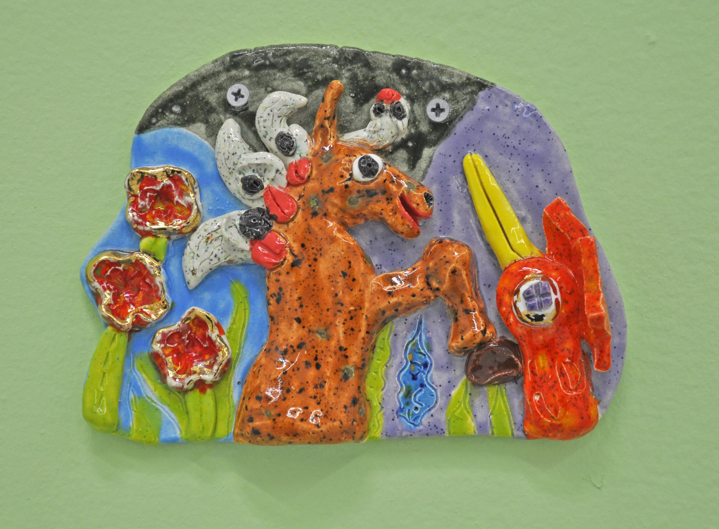 Maija Peeples-Bright, "Foal and Flying Friend", glazed ceramic, 5 1/2 x 1/2 x 7 1/2 in, 2010