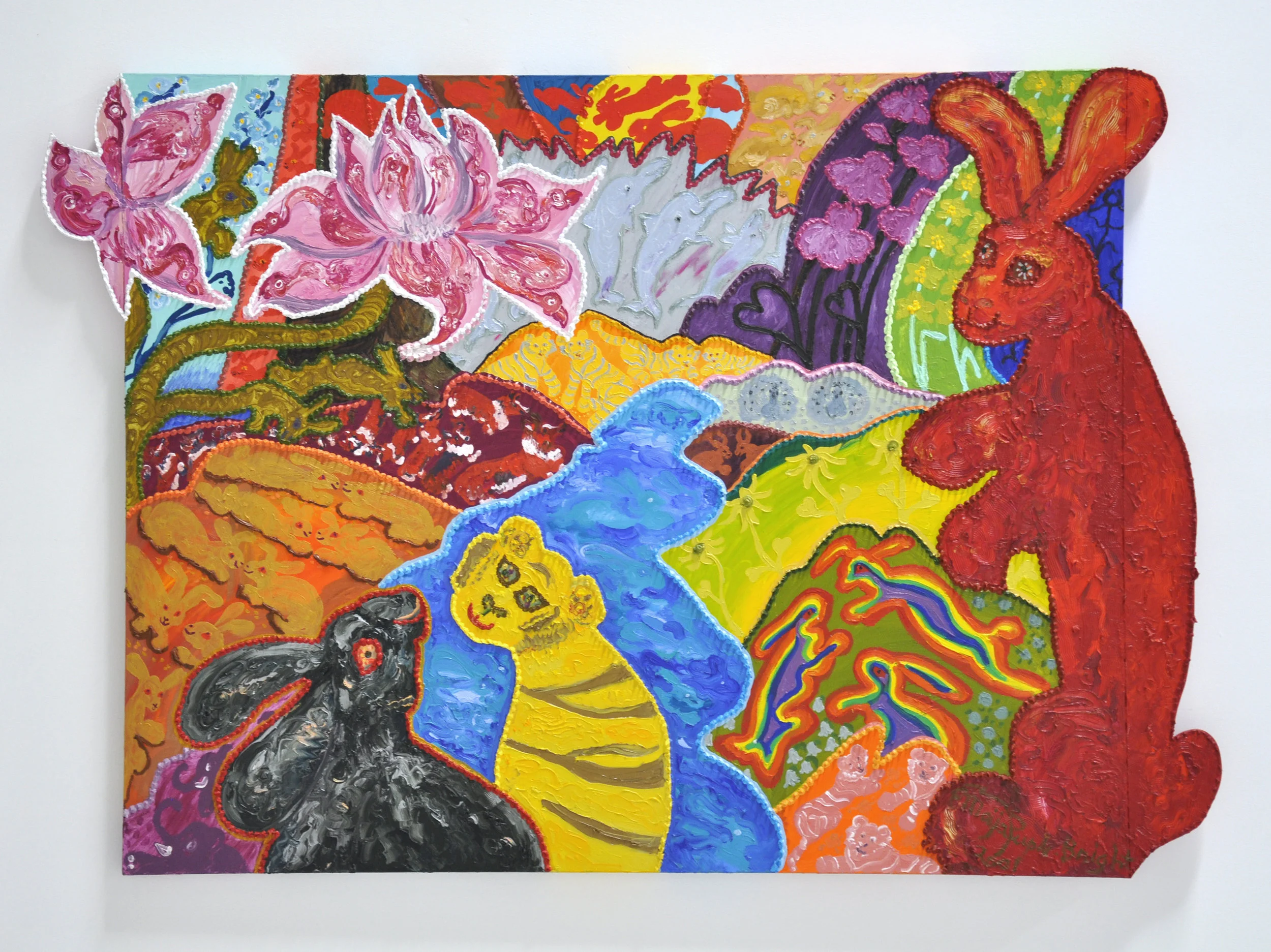 Maija Peeples-Bright, "Lotus of Love Says Hare to Love", acrylic and wood on canvas, 48 x 2 1/2 x 67 in, 2001