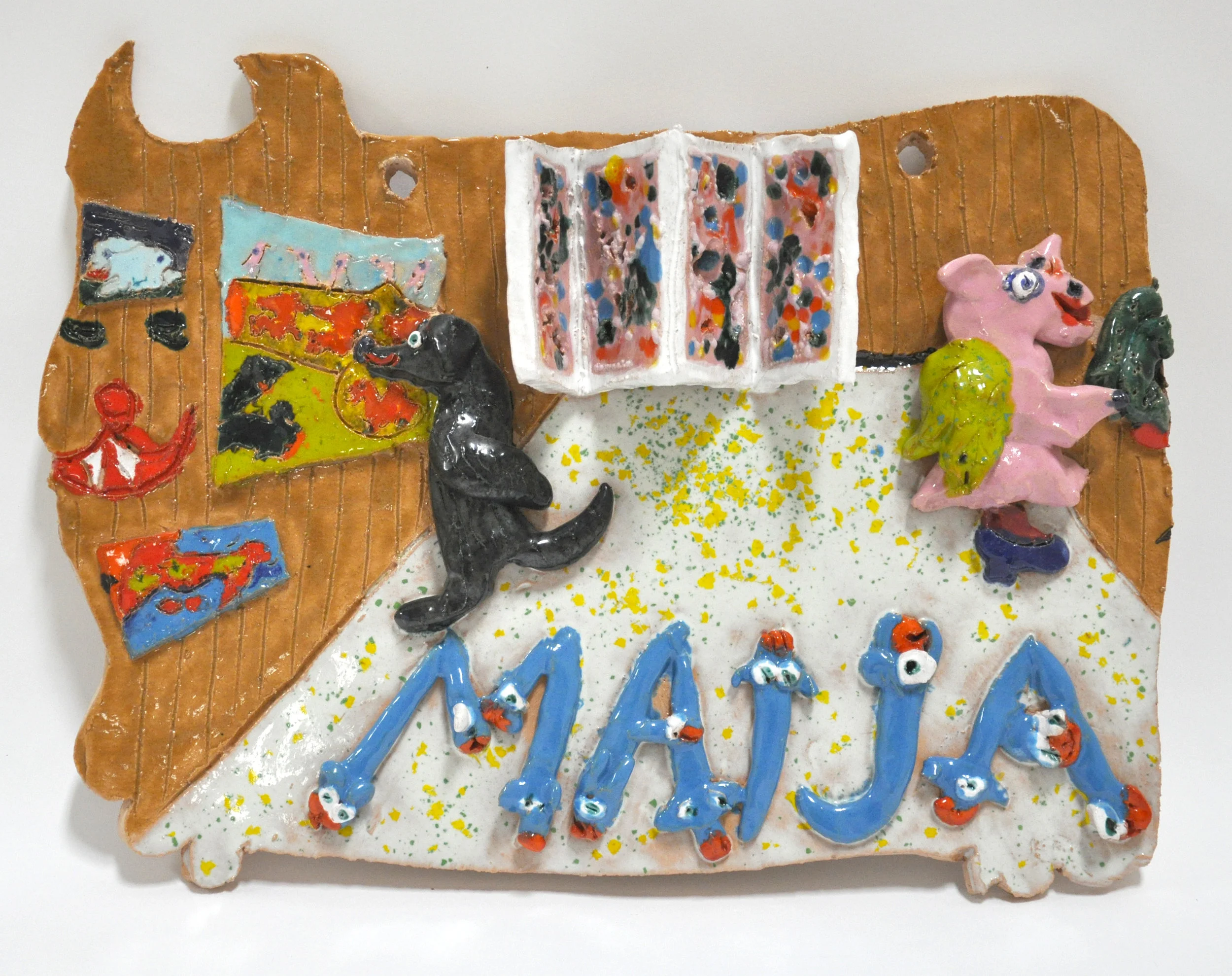Maija Peeples-Bright, "Woof and Rhearino Love Maija's Artshow at The Candy Store Gallery Folsom, CA", glazed ceramic, 12 x 3 x 15.5 in, 1977