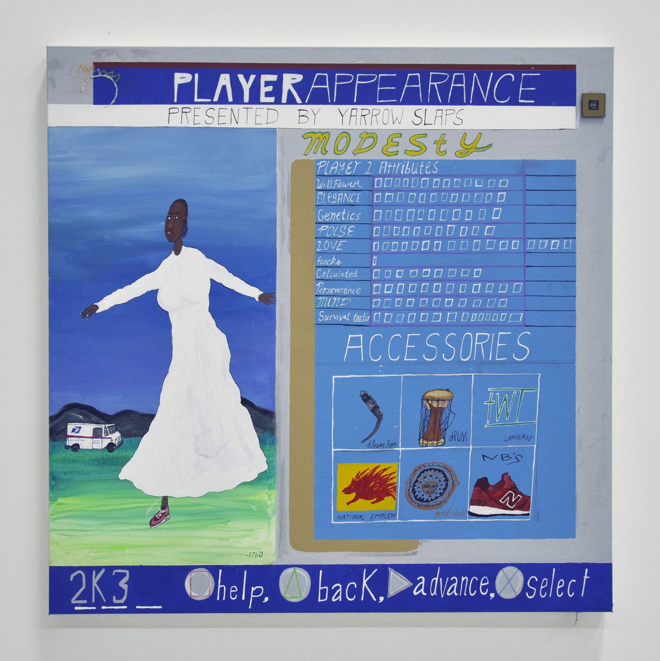 YARROW SLAPS   MODESTY, 36” X 36”, ACRYLIC, GLITTER, COMPUTER PART ON CANVAS, $4,000