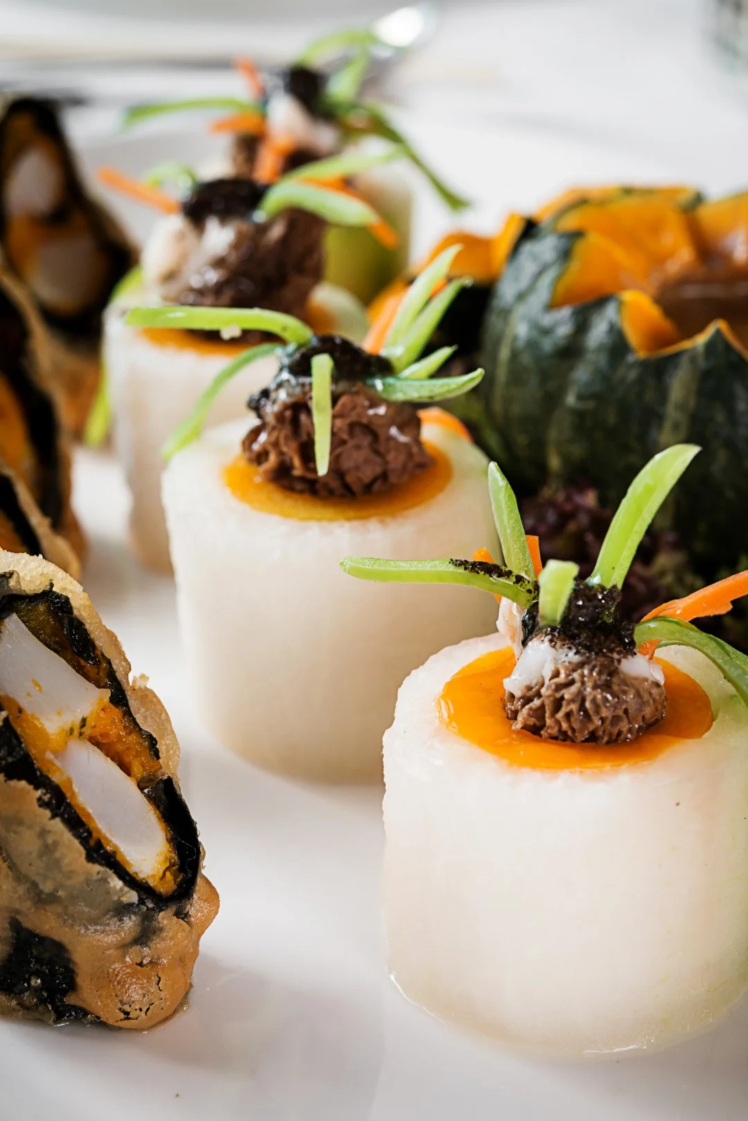 Pumpkin wedges paired with turnip morsel rolls