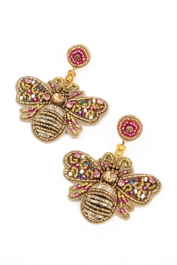 Pink bee beaded earrings