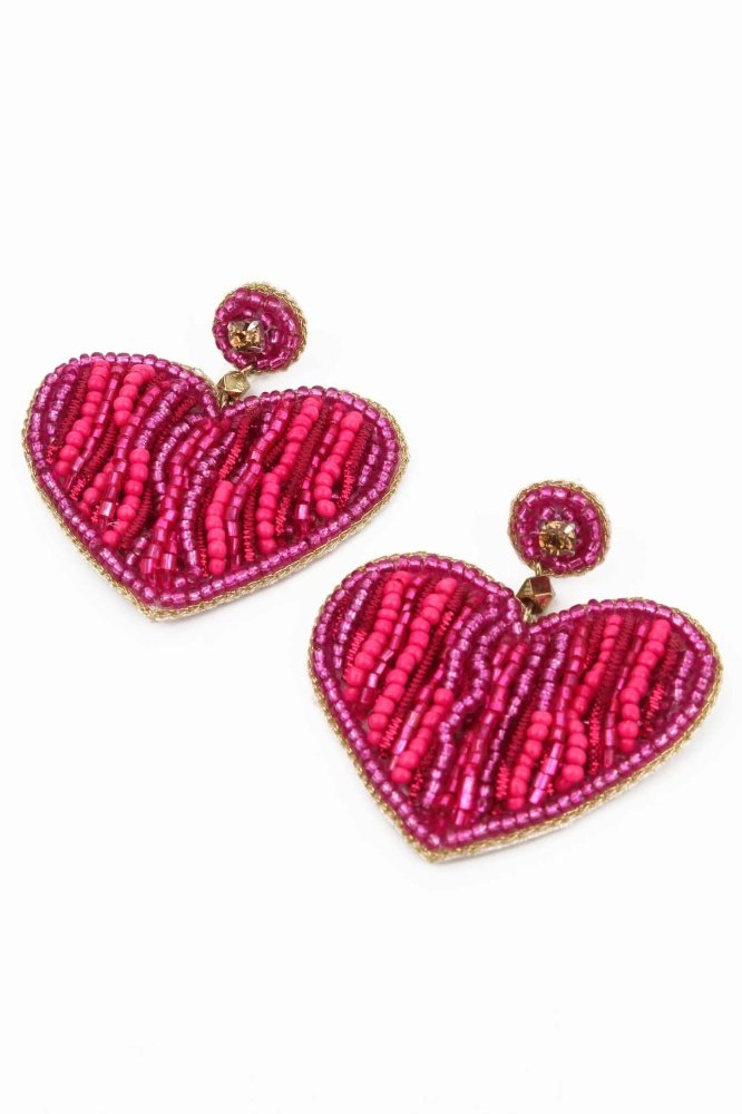 Dark pink stripe heart beaded earrings